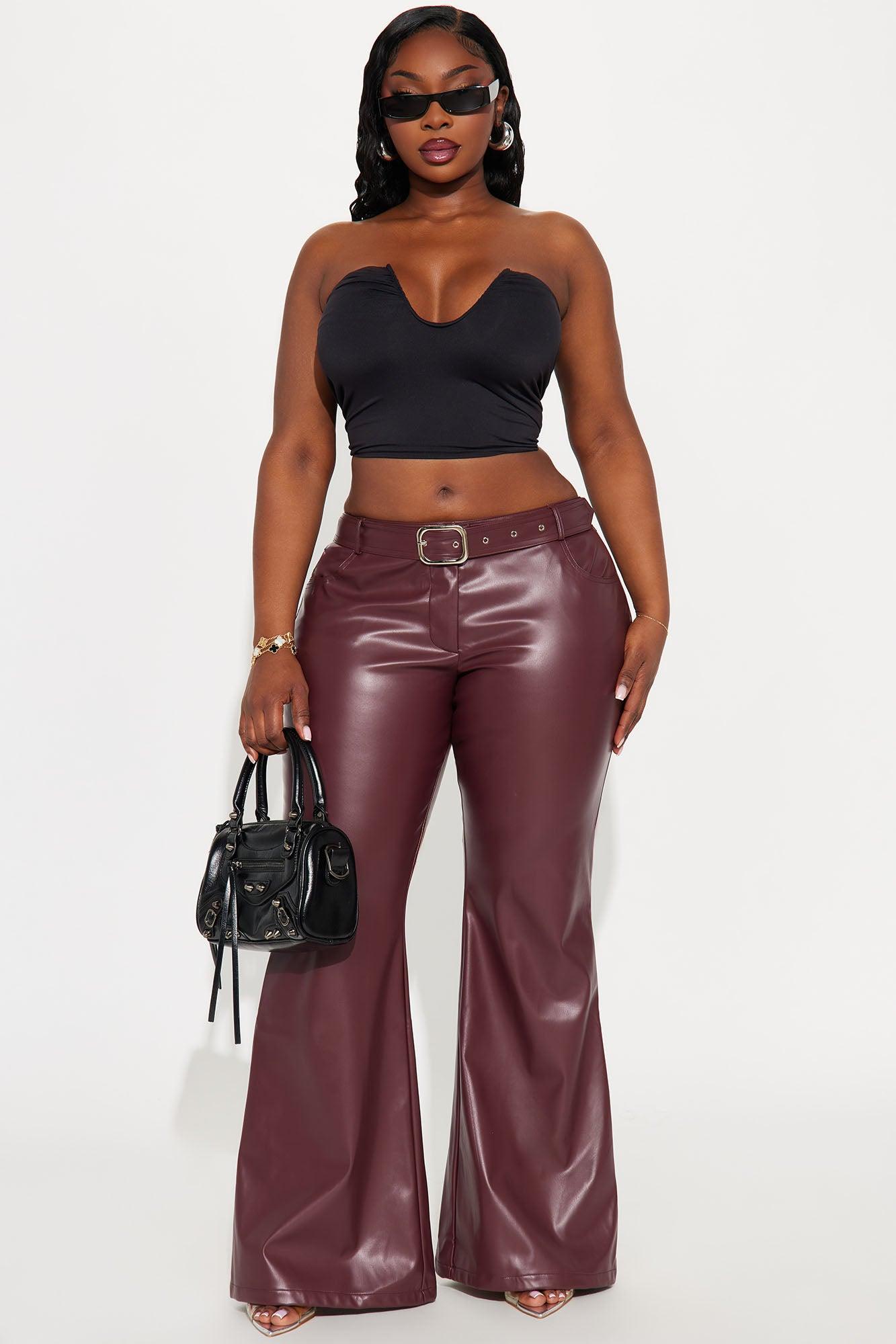 Can't Forget Me Faux Leather Belted Wide Leg Pant 33 - Wine Female Product Image