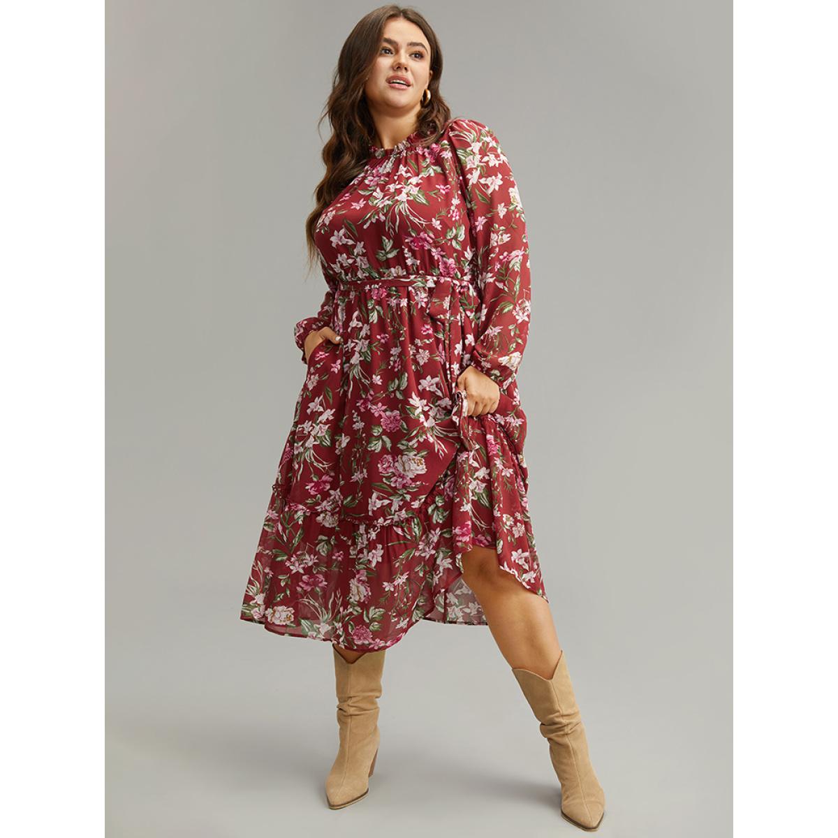 Plus Size Floral Print Belted Patchwork Gathered Dress Scarlet Women Elegant Elastic cuffs Round Neck Long Sleeve Curvy Midi Dress BloomChic 28/5X Product Image