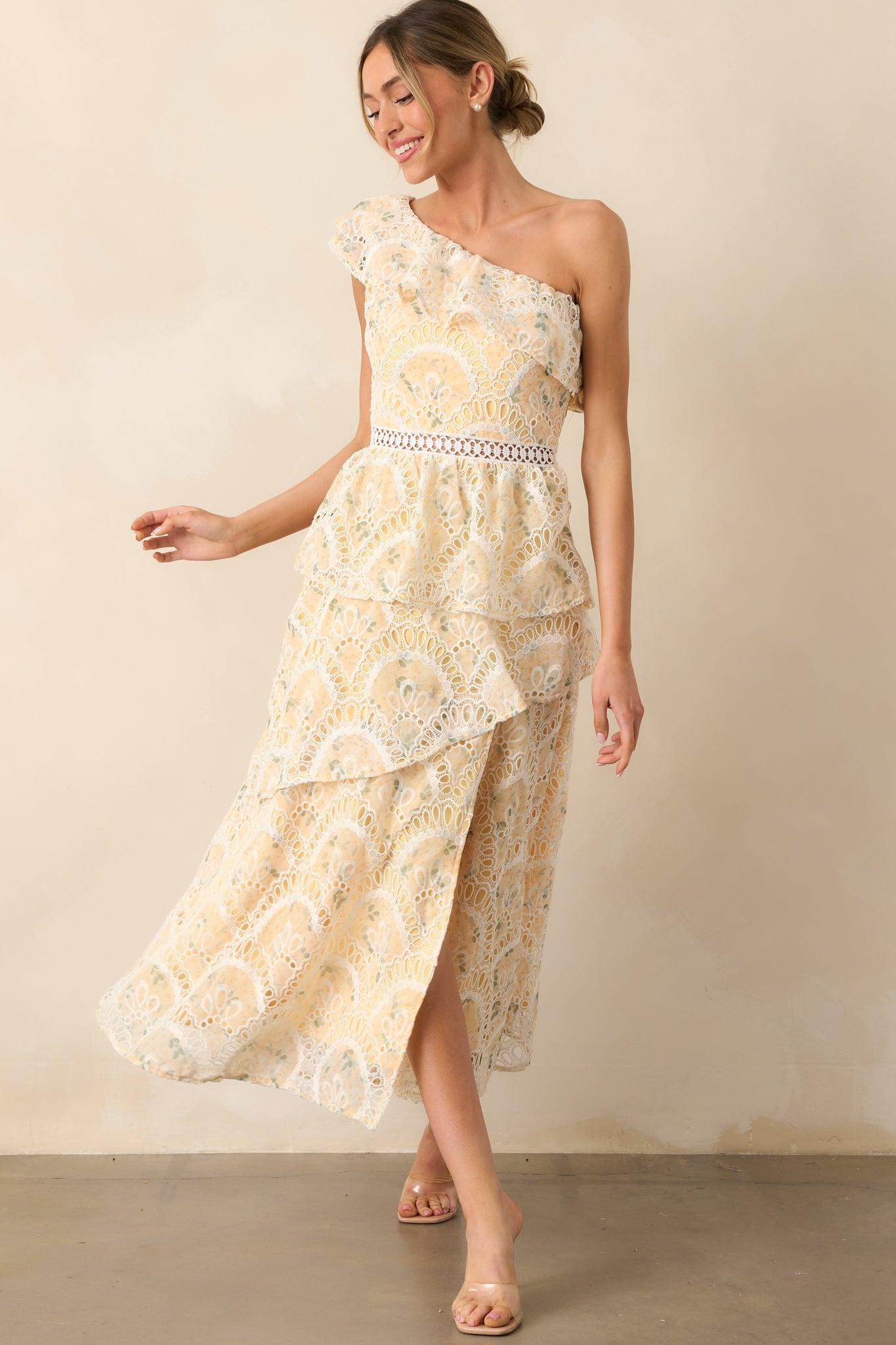 Vineyard Stroll Yellow Floral Embroidered One Shoulder Maxi Dress Product Image