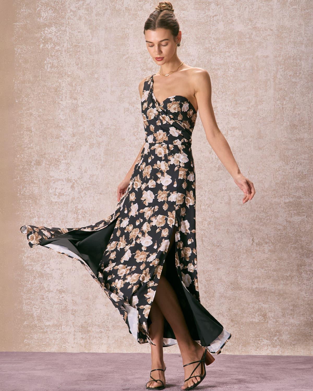 The Black One Shoulder Floral Maxi Dress Product Image