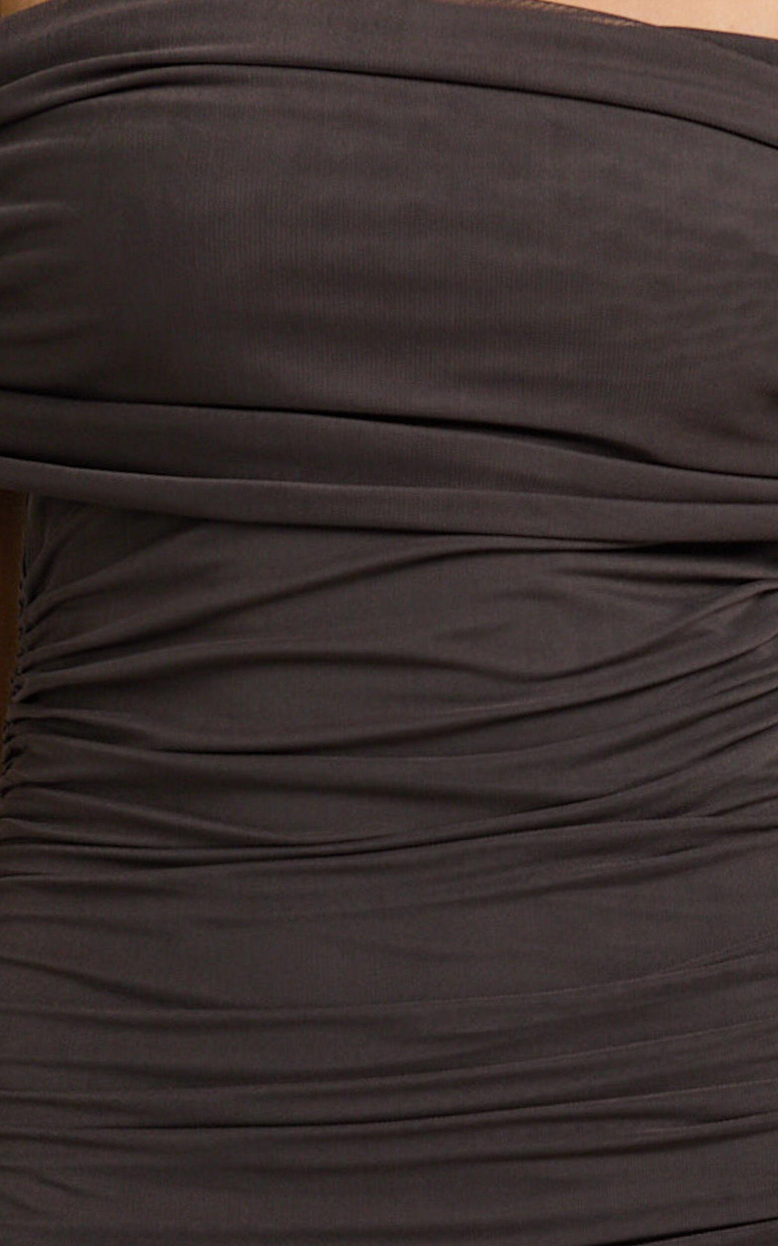 Caterina Maxi - Ruched Off Shoulder Mesh Dress in Chocolate Product Image