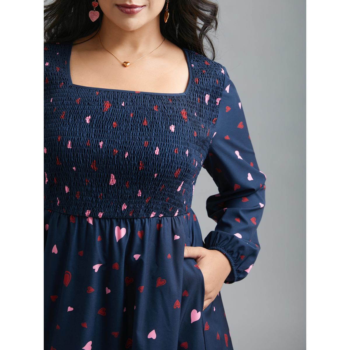Plus Size Square Neck Shirred Hearts Midi Dress Indigo Women Elegant Shirred Square Neck Long Sleeve Curvy BloomChic 26/4X Product Image