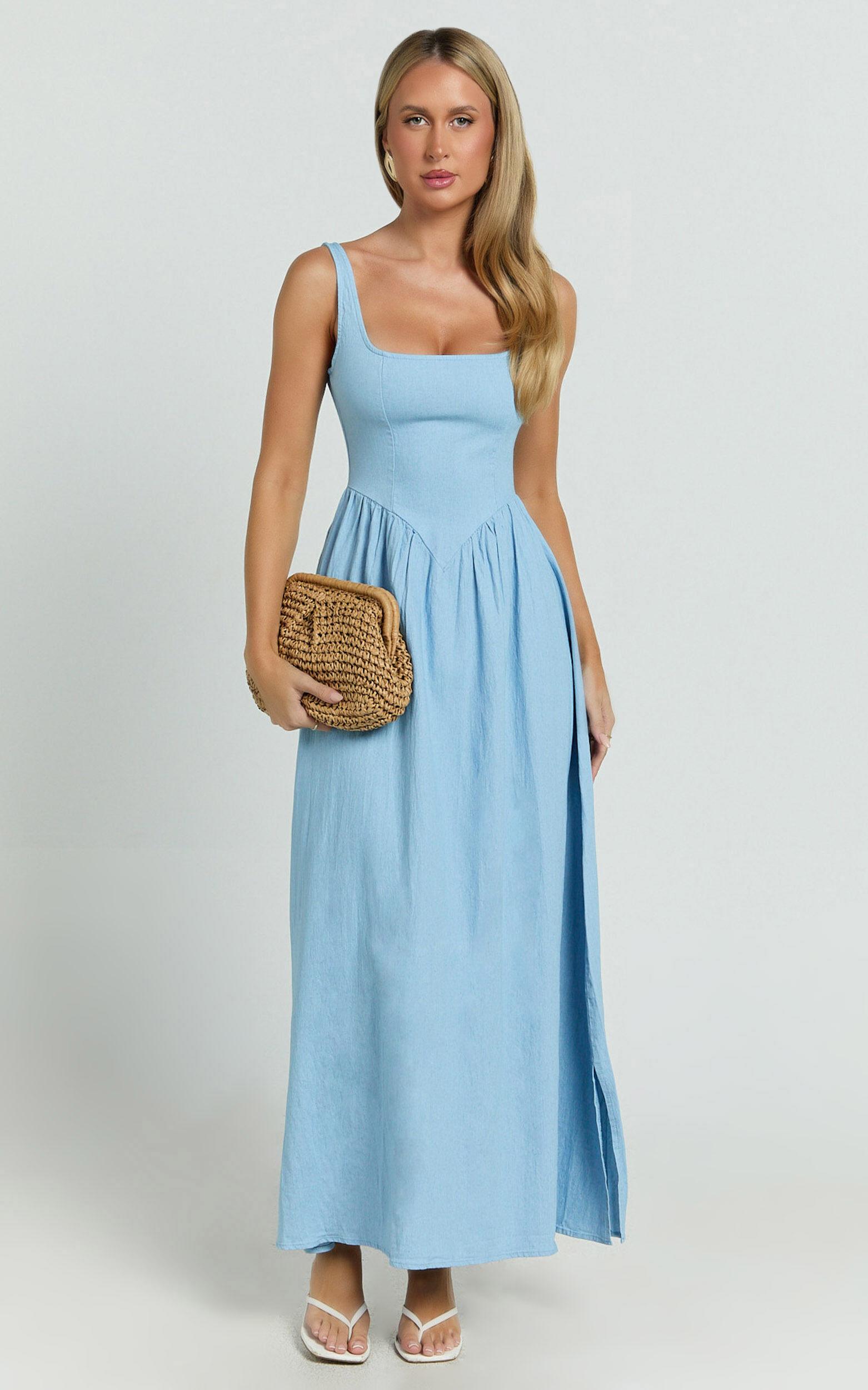 Rhaziya Midi Dress - Sleeveless Straight Neck Fit and Flare Dress in Blue Product Image