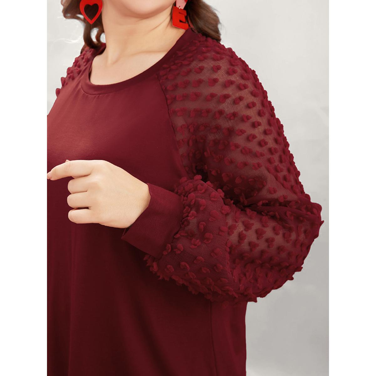 Plus Size Solid Mesh Patchwork Embroidered Round Neck Long Tee Scarlet Women Elegant See through Plain Round Neck Dailywear T-shirts BloomChic 12/L Product Image