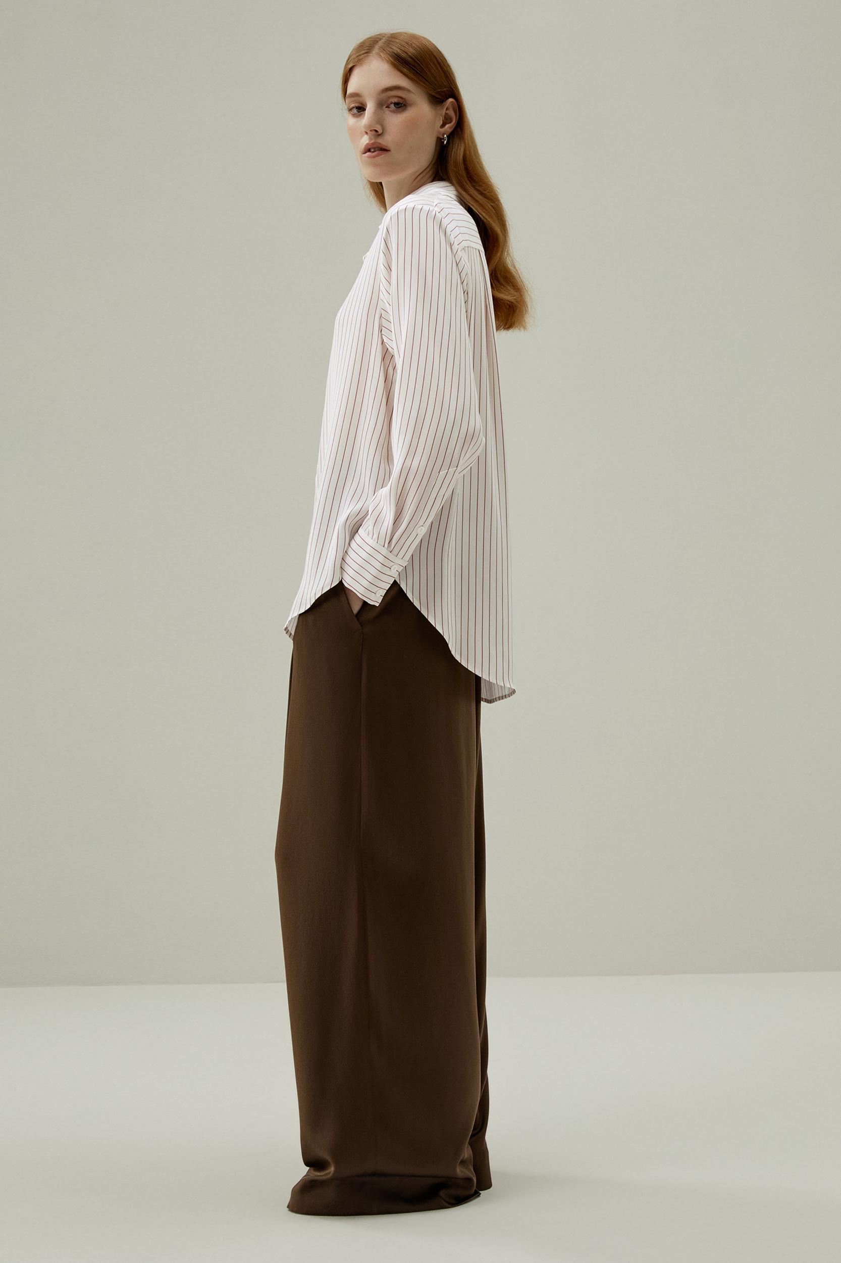 LILYSILK Women's Silk Charmeuse Oversized SOS Shirt, Brown Pinstripe, XXL Product Image