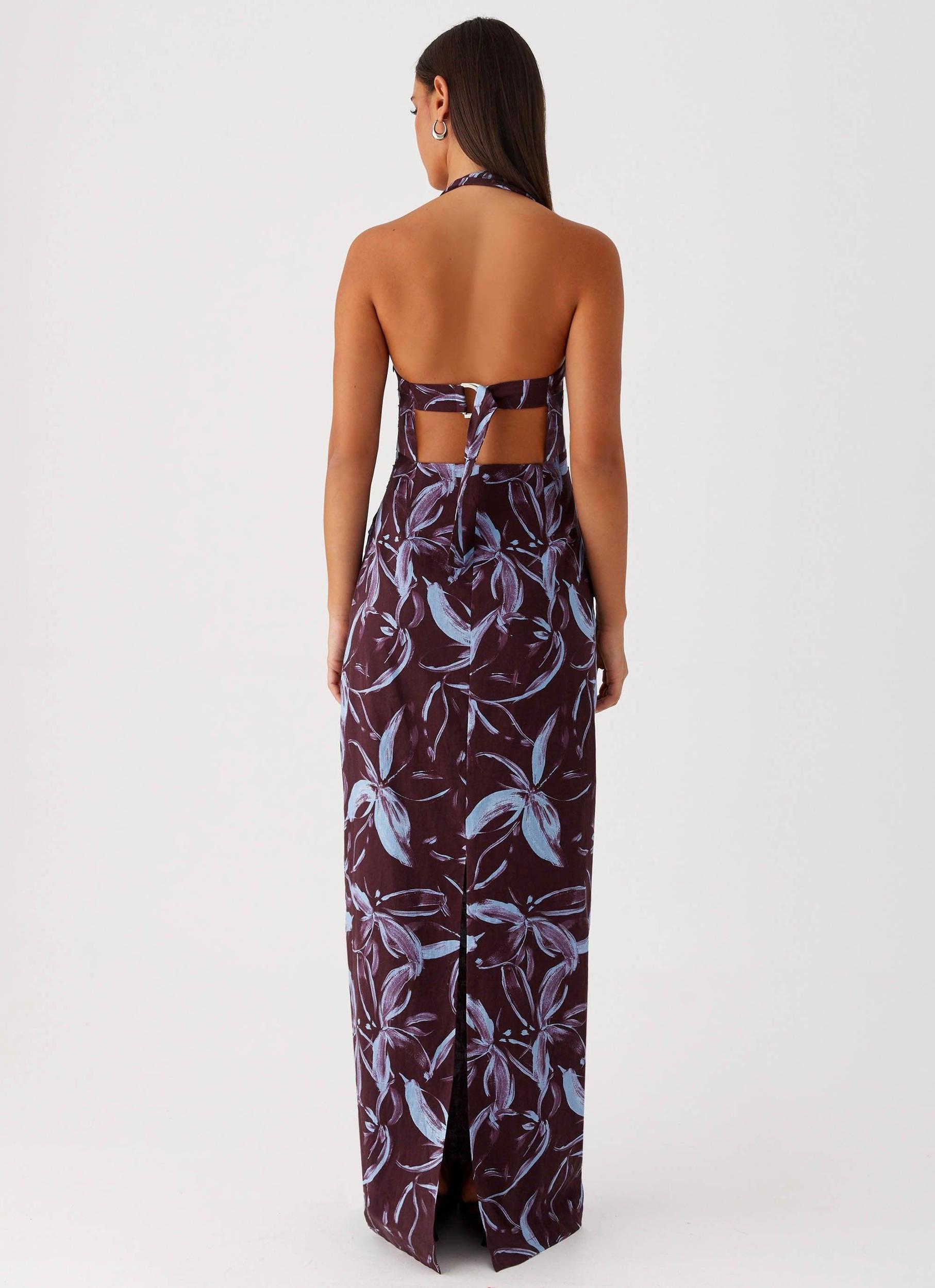 Fauna Halter Maxi Dress - Brown Purple Floral Product Image
