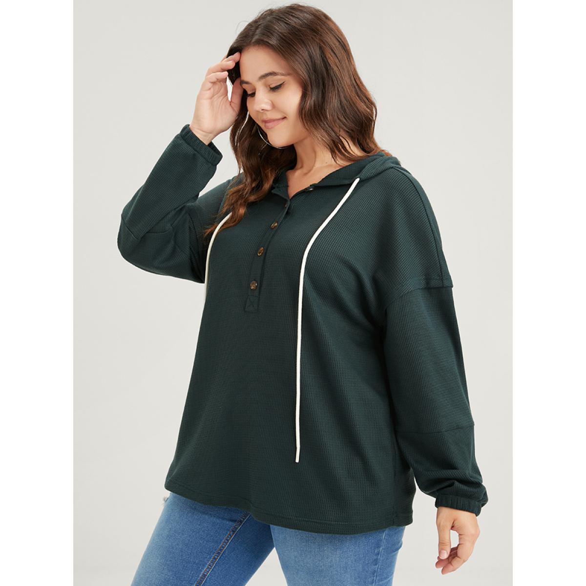 Plus Size Solid Pocket Button Drawstring Waffle Knit Hooded Sweatshirt Women Green Casual Drawstring Loose Hooded Dailywear Sweatshirts BloomChic 22-24/3X Product Image