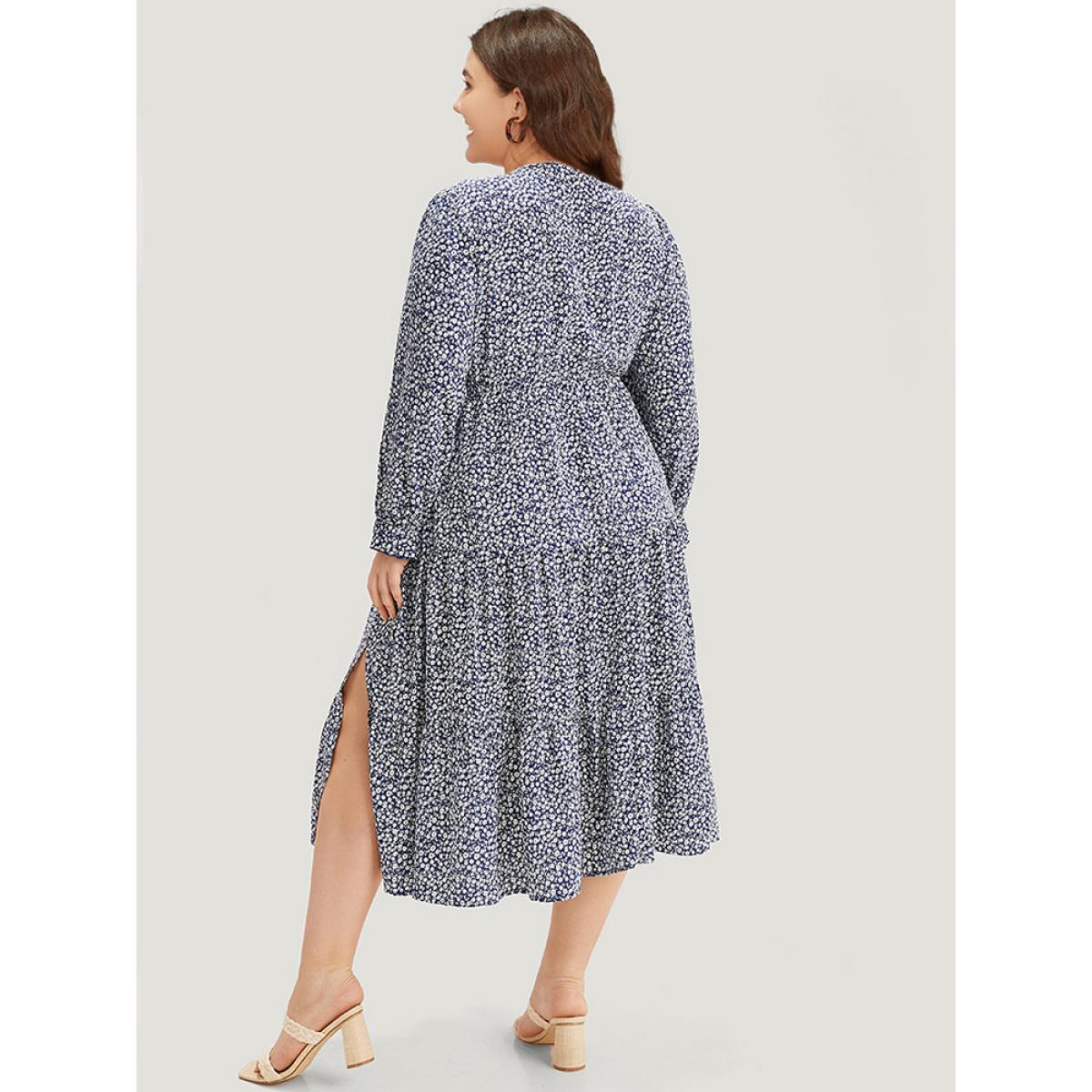 Plus Size Ditsy Floral Pocket Button Detail Split Hem Dress Indigo Women Elegant Elastic cuffs V-neck Long Sleeve Curvy Midi Dress BloomChic 18-20/2X Product Image
