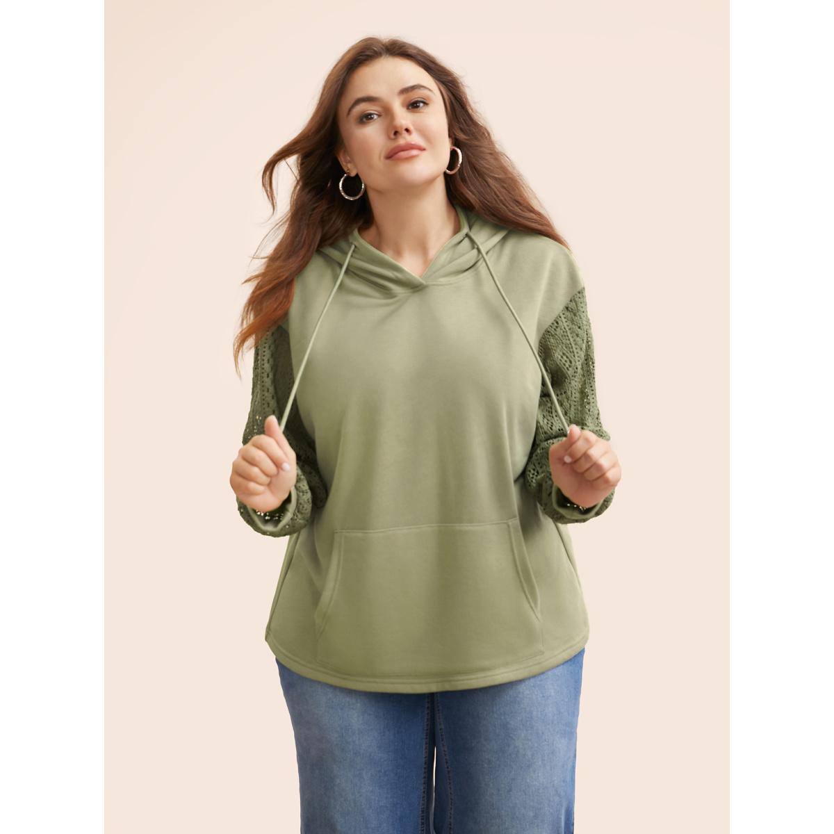 Plus Size Lace Patchwork Hooded Drawstring Sweatshirt Women Sage Casual Patchwork Hooded Everyday Sweatshirts BloomChic 28/5X Product Image