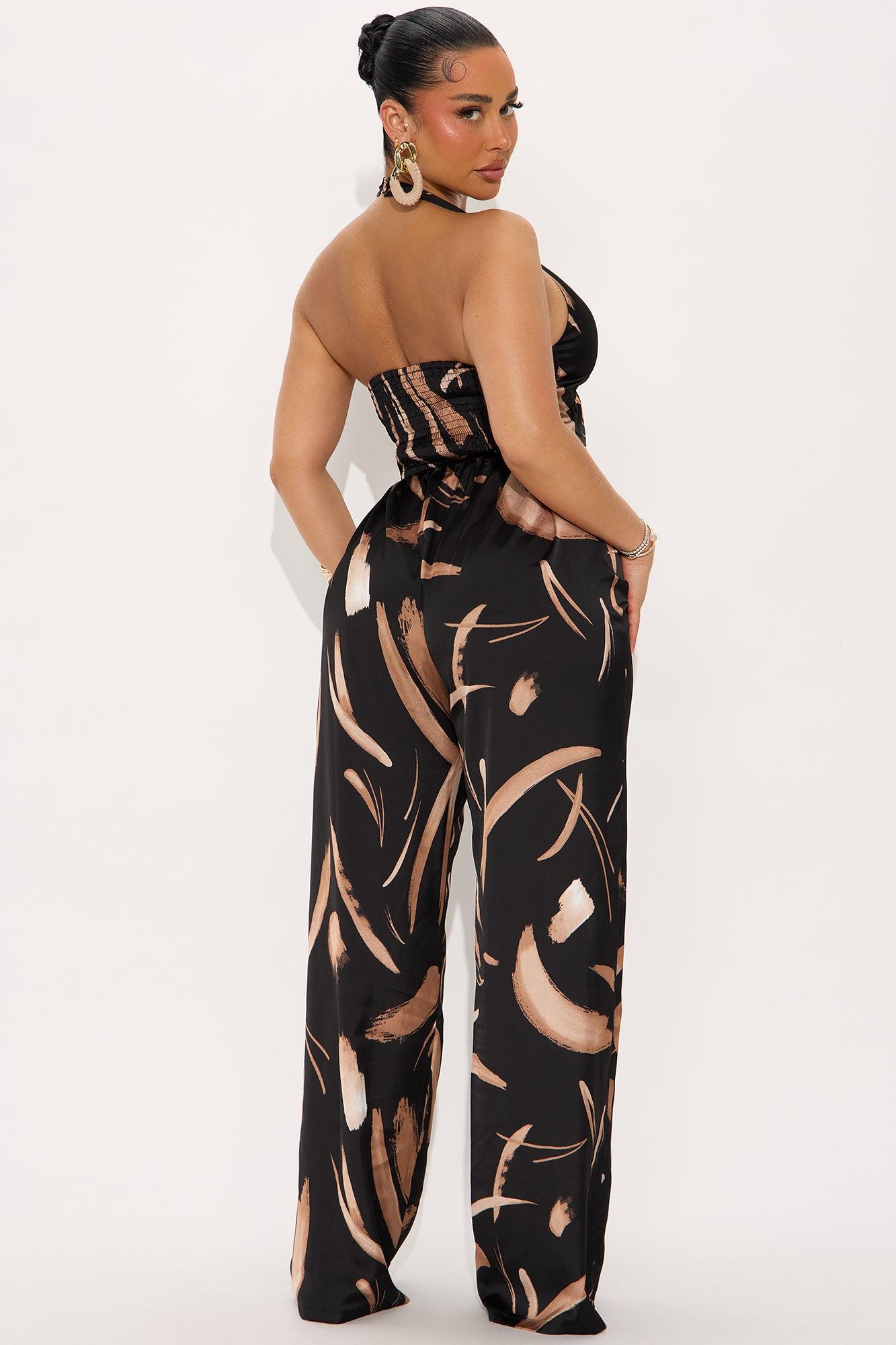 Viviana Satin Halter Top And Wide Leg Pant Set - Black/combo Female Product Image