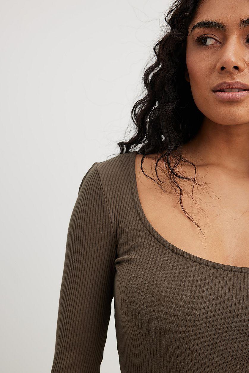 Scoop Neck Ribbed Top Brown Product Image