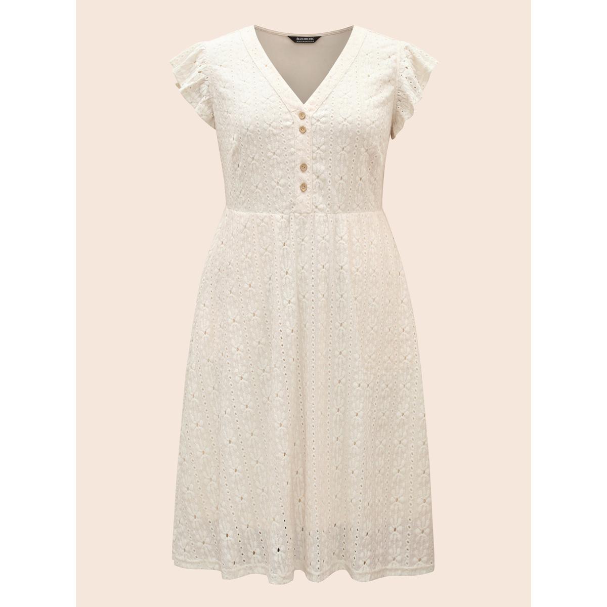 Plus Size Textured Button Detail Cap Sleeve Dress Ivory Women Elegant Texture V-neck Cap Sleeve Curvy BloomChic 18-20/2X Product Image
