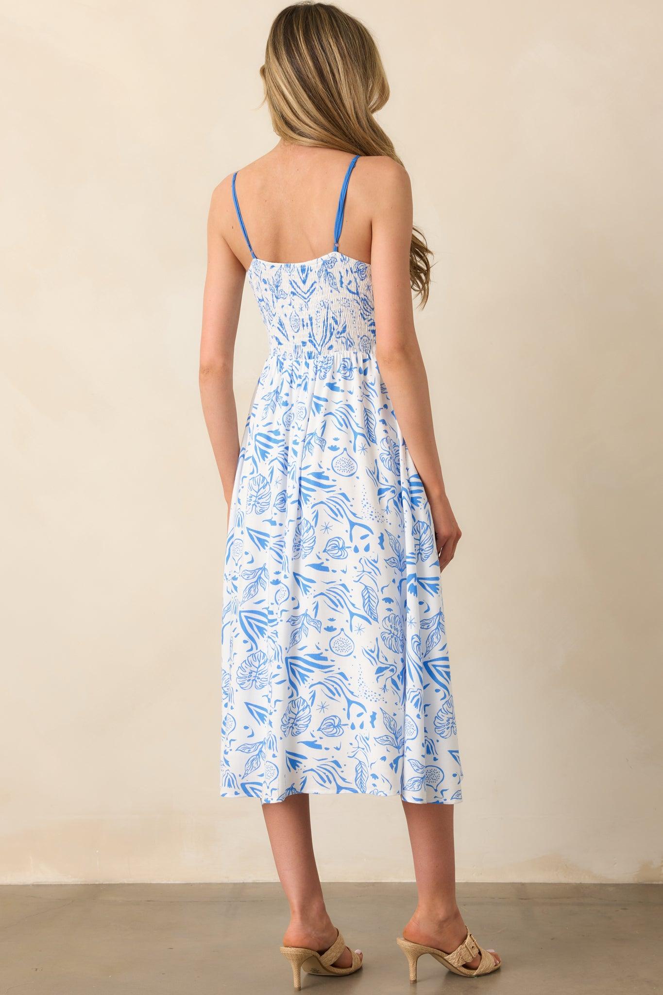 Drifting With The Wind Blue Tropical Print Midi Dress Product Image