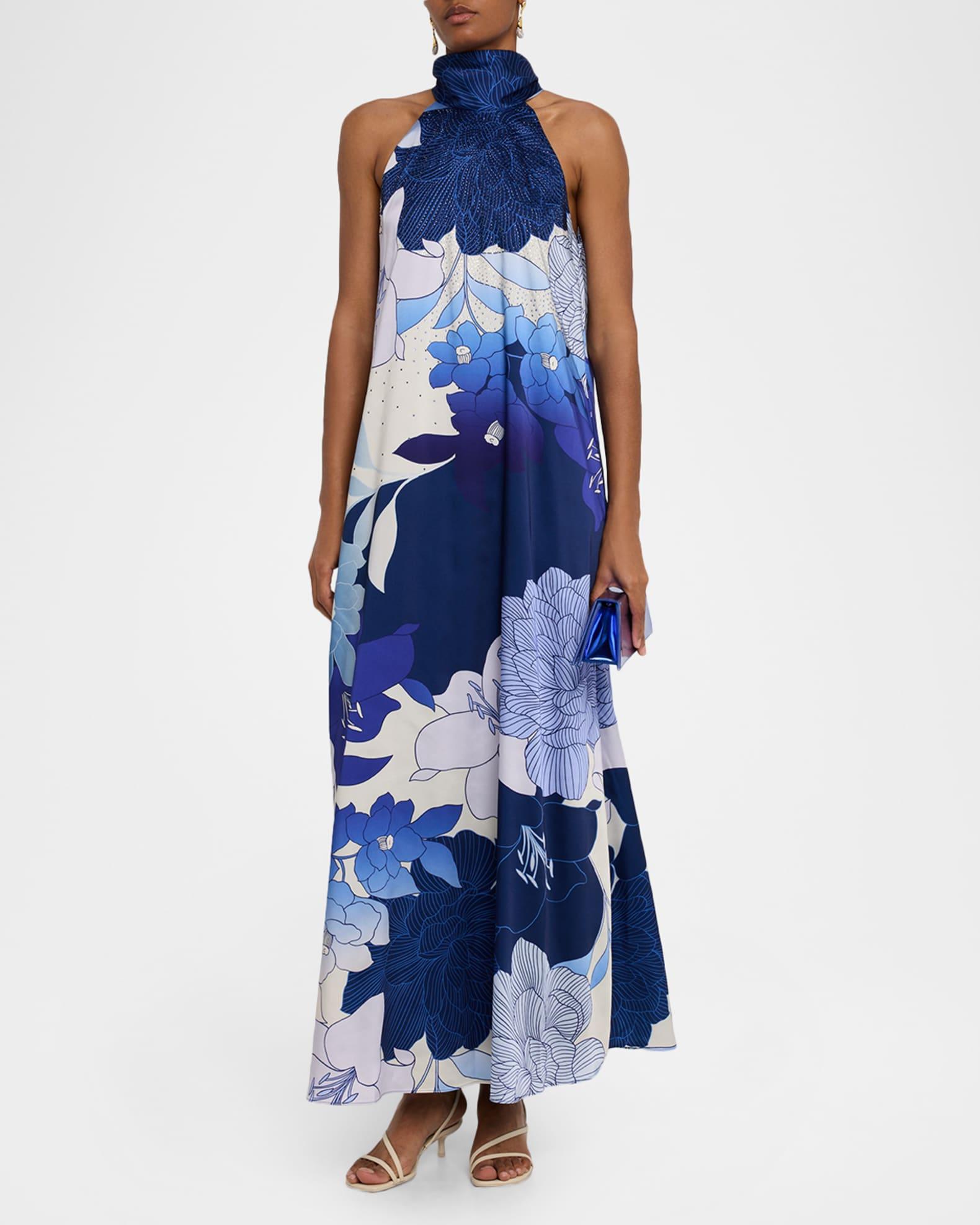 Sky Rhinestone Floral-Print Halter Maxi Dress Product Image