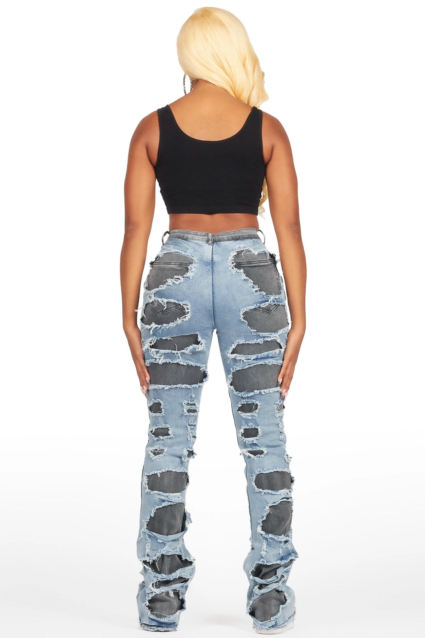 Jaidynn Blue/Black Distressed Stacked Flare Jean Female Product Image