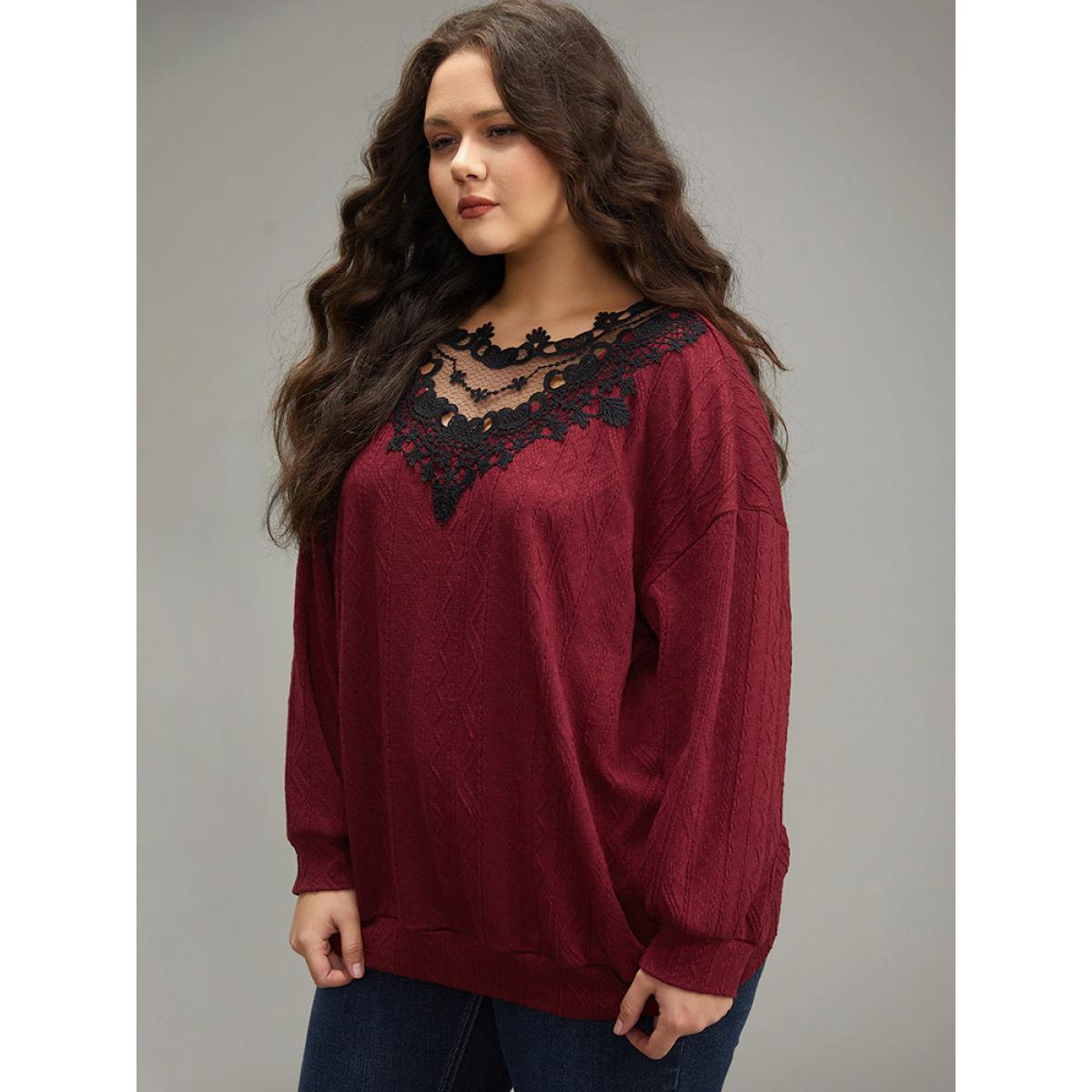 Plus Size Plain Textured Patchwork Lace Panel Sweatshirt Women Scarlet Elegant Elastic cuffs Round Neck Everyday Sweatshirts BloomChic 18-20/2X Product Image