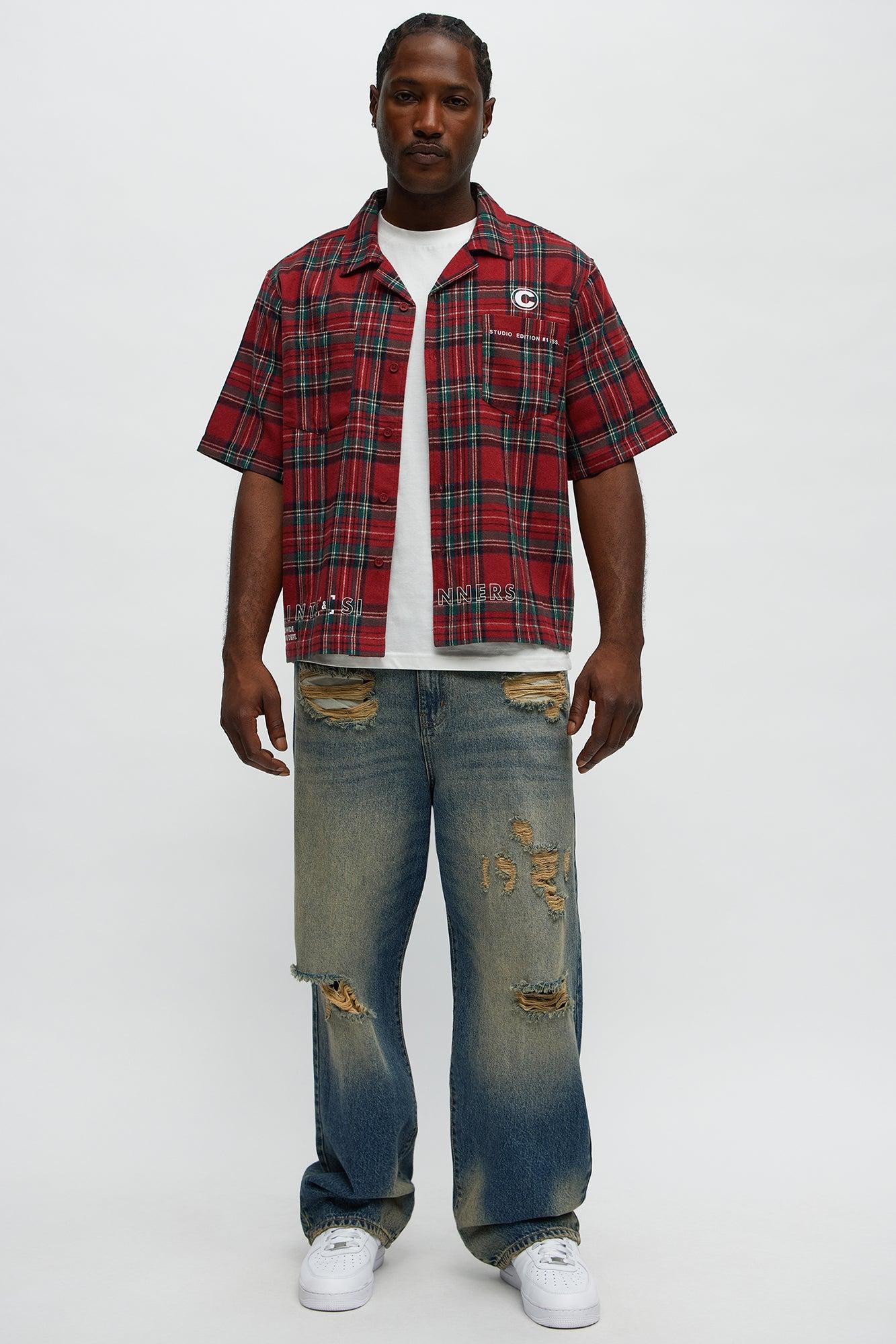 Culture Plaid Cropped Button Up Shirt - Red Male Product Image