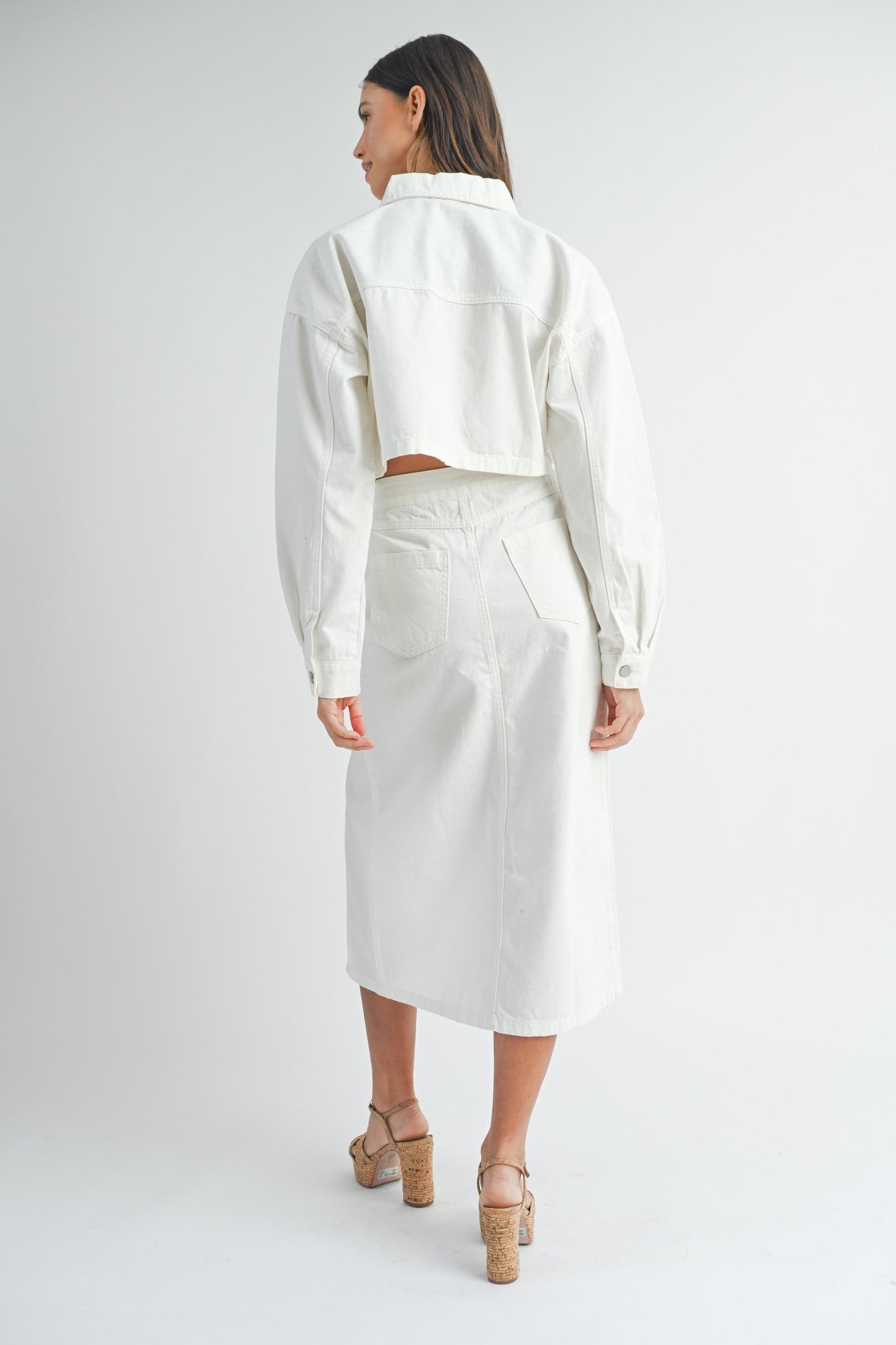 White Denim Crop Jacket and Slit Skirt Set Product Image