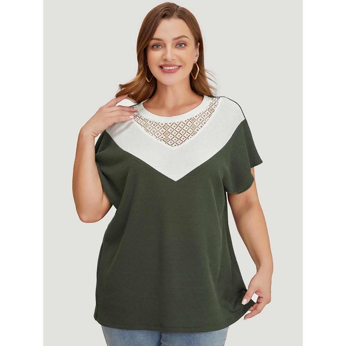Plus Size Colorblock Contrast Lace Waffle Knit Batwing Sleeve T-shirt Sage Women Elegant Contrast Colorblock Round Neck Dailywear T-shirts BloomChic 28/5X Product Image