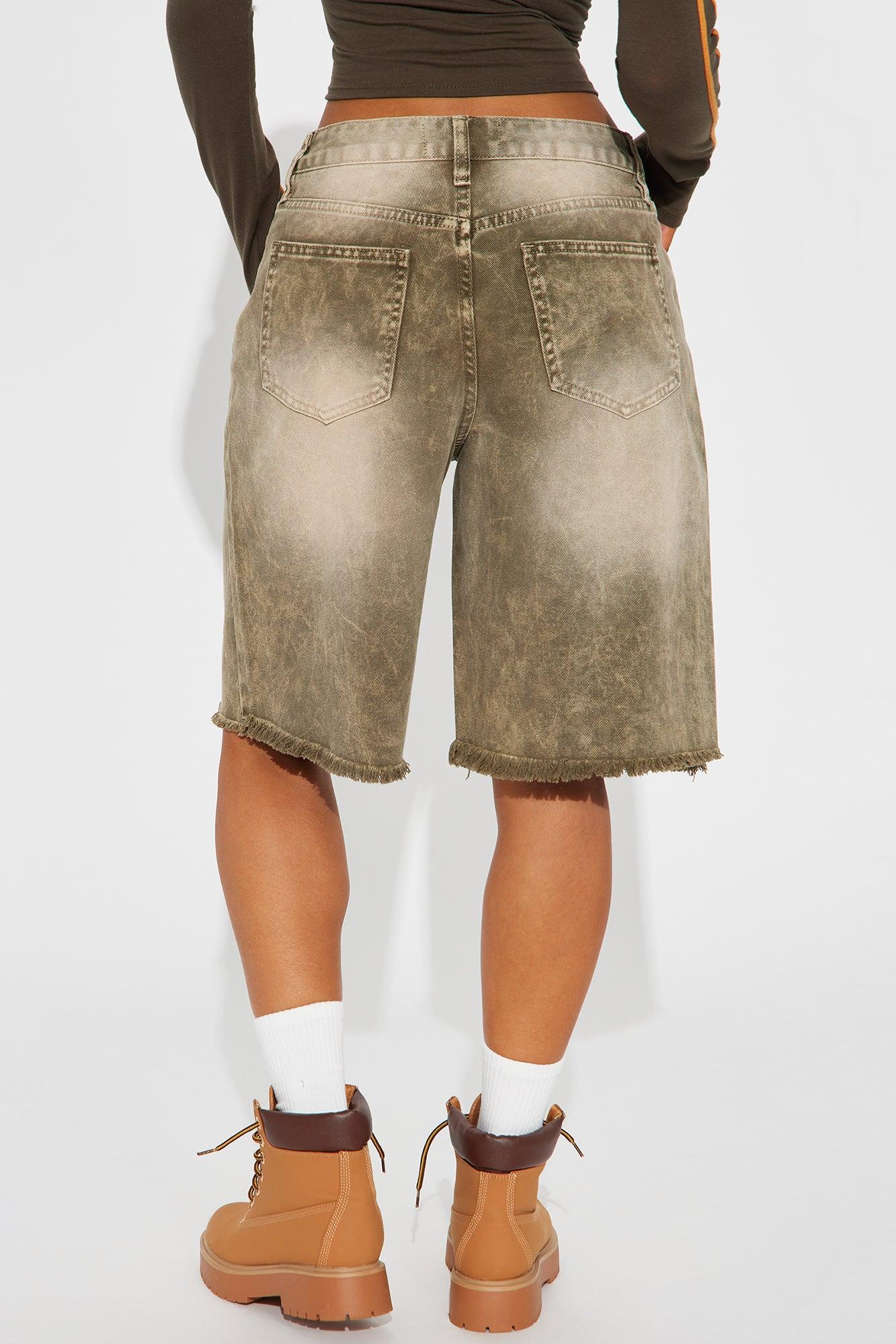 Come A Long Way Baggy Denim Jorts - Olive Product Image