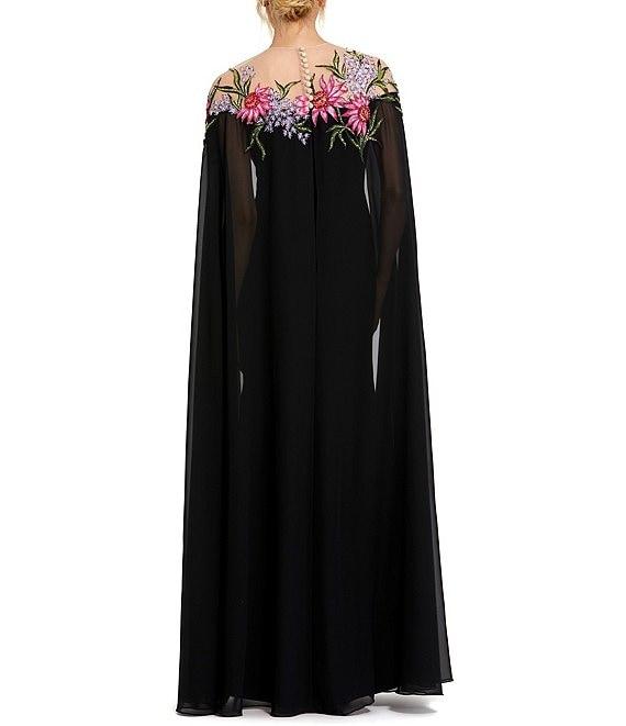Mac Duggal Floral Beaded Embroidered Illusion Crew Neck Long Sheer Cape Gown Product Image