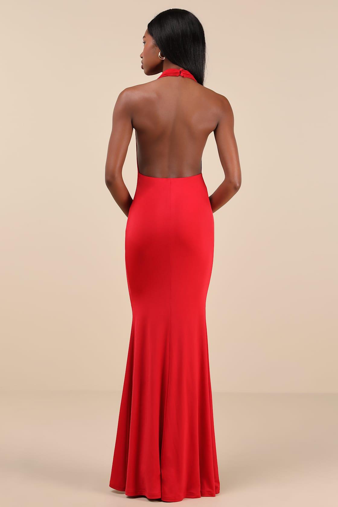 Eye-Catching Silhouette Red Cowl Neck Halter Maxi Dress Product Image