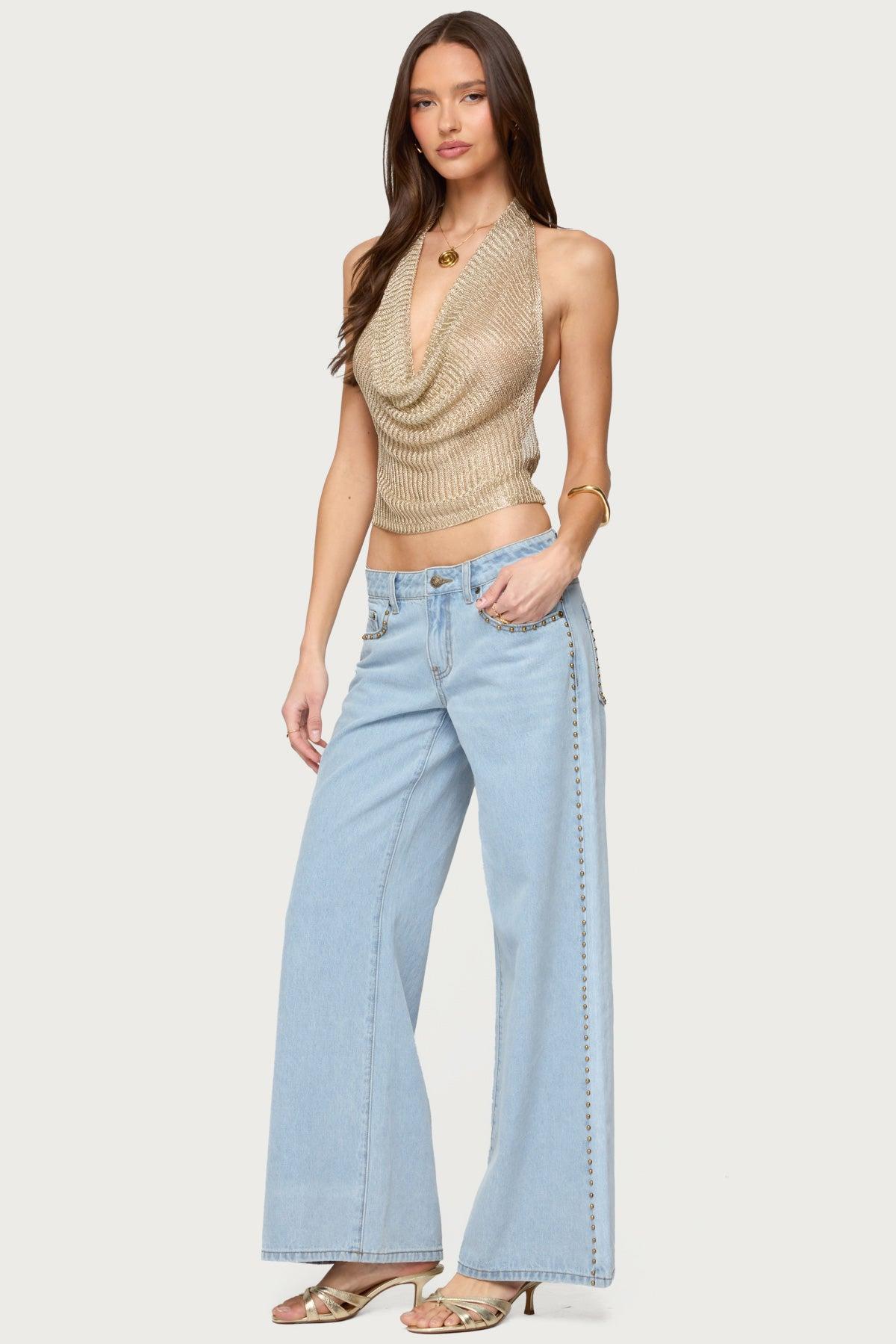 Shiny Knit Cowl Neck Backless Top Product Image