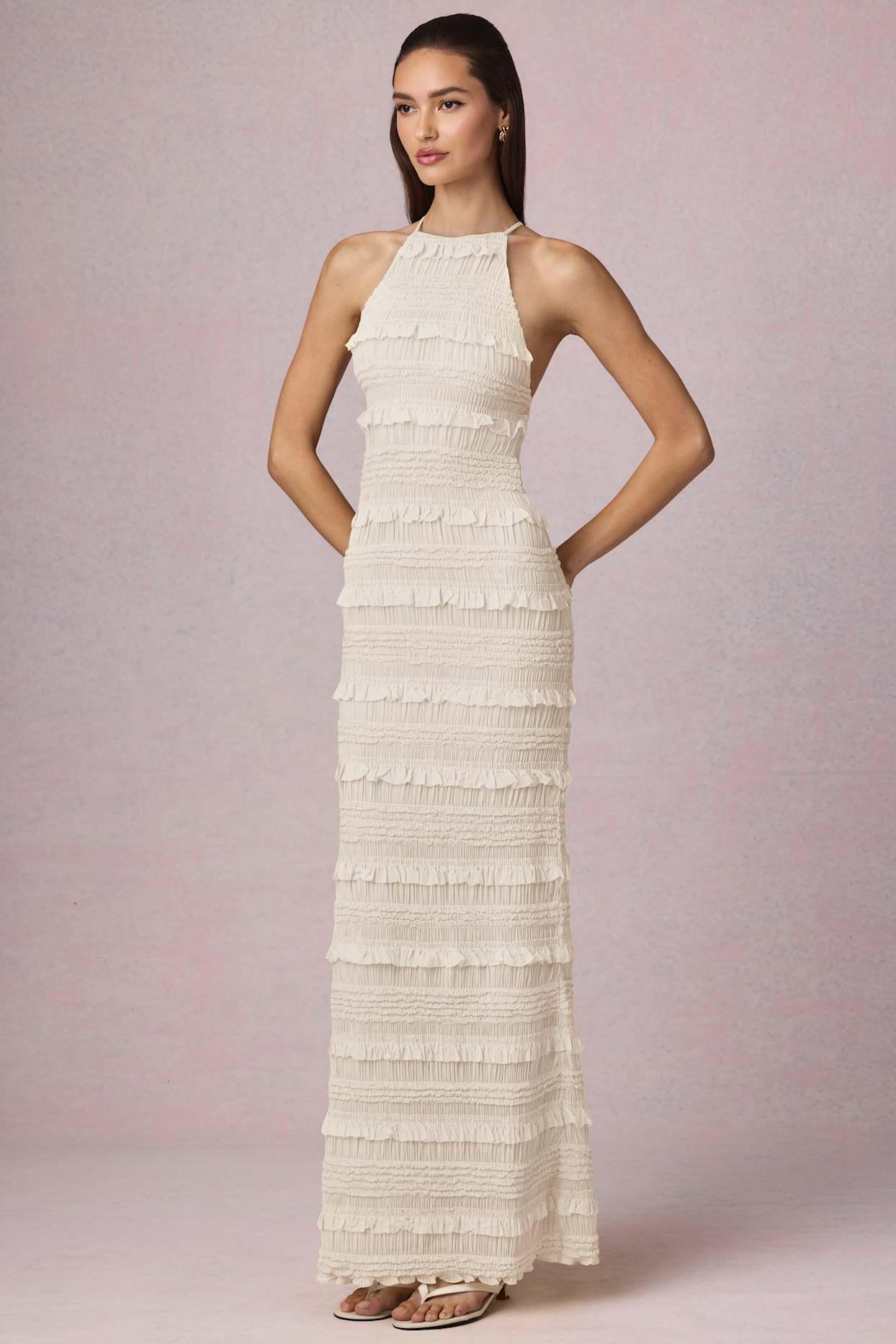 Ruffled Backless Halterneck Maxi Dress in Ivory Product Image