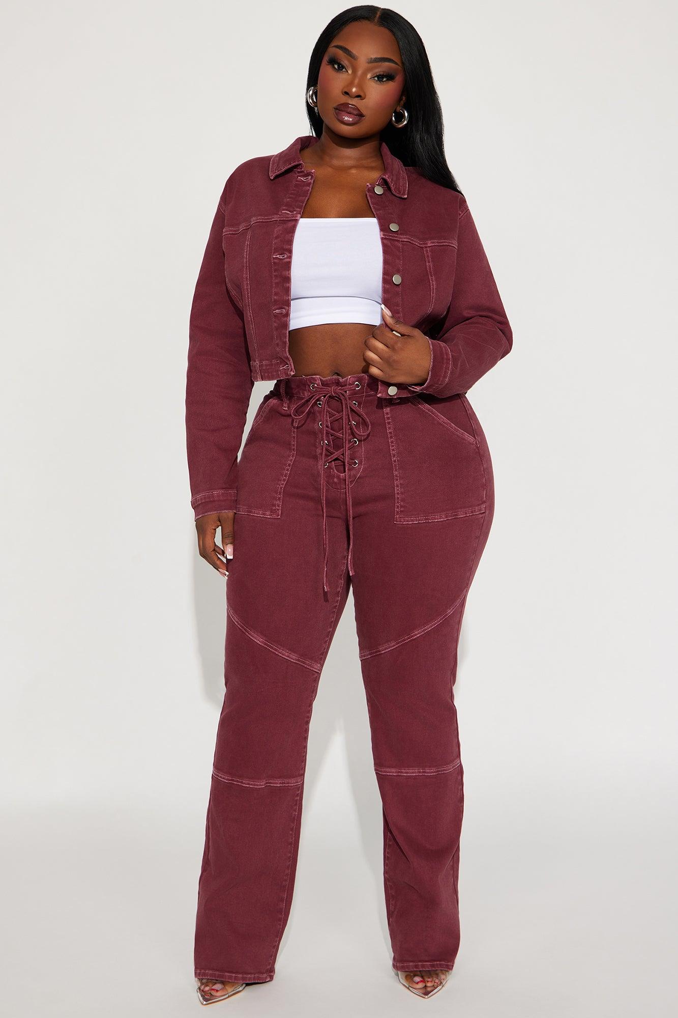 Bordeaux Lace Up Bootcut Jeans - Wine Product Image