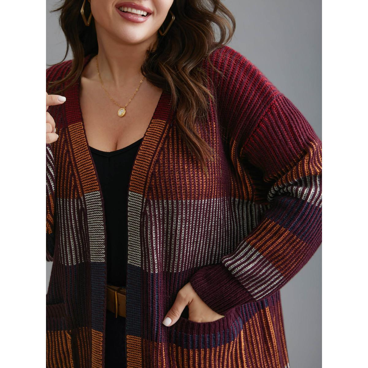 Plus Size Front-Open Color Block Knit Cardigan Multicolor Women Casual Loose Long Sleeve Everyday Cardigans BloomChic 30/6X Product Image