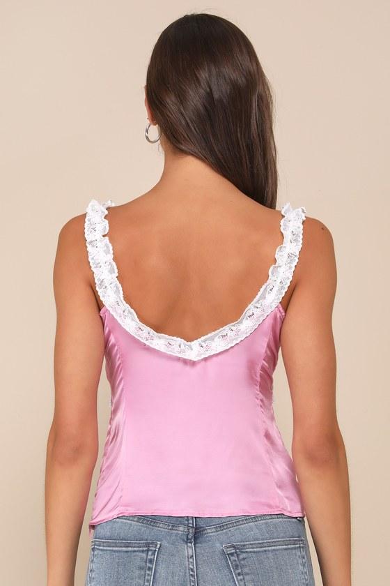 Certainly a Sweetie Pink Satin Lace Ruffled V-Neck Tank Top Product Image