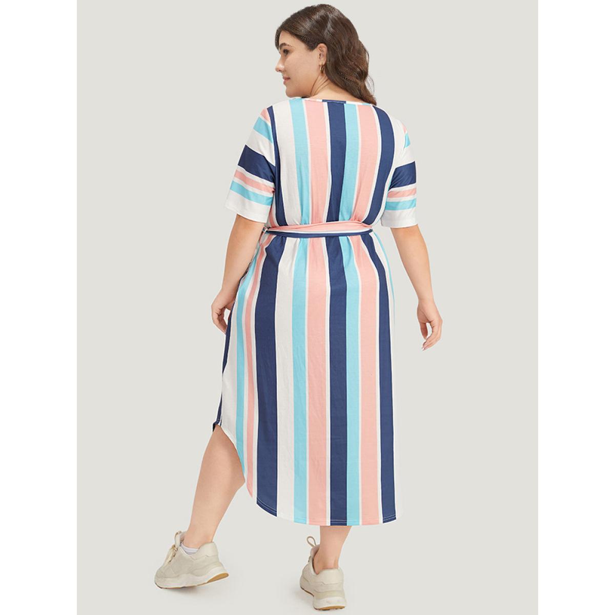 Plus Size Striped Belted V Neck Pocket Arc Hem Dress Indigo Women Casual Belted V-neck Short sleeve Curvy Midi Dress BloomChic 14-16/1X Product Image