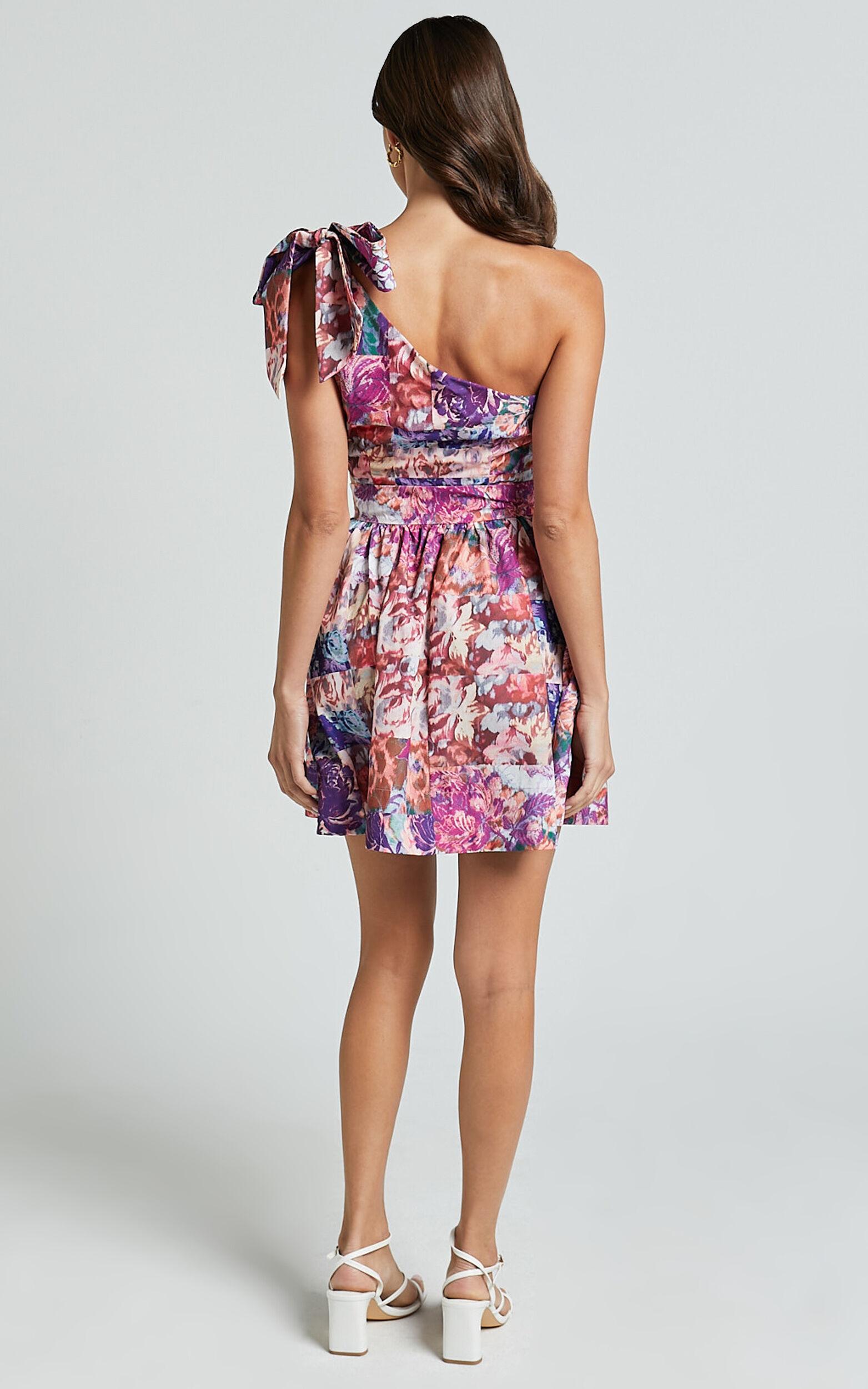 Alice Mini Dress - One Shoulder Side Cut Out Dress in Vintage Garden Print Product Image