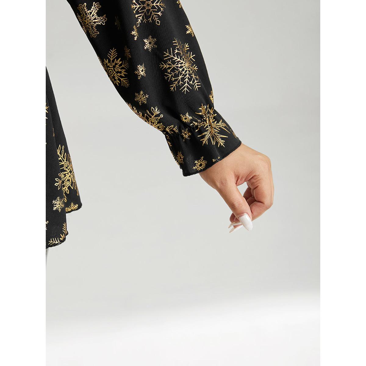 Plus Size Black Glitter Snowflake Elastic Waist Ruched Wrap Blouse Women Cocktail Long Sleeve Overlap Collar Party Blouses BloomChic 14-16/1X Product Image
