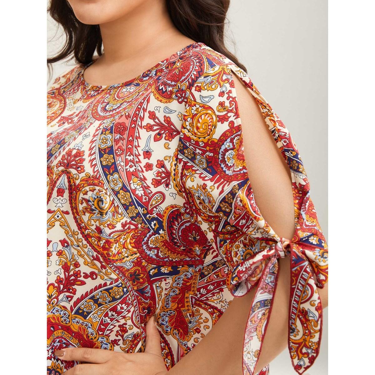 Plus Size Multicolor Paisley Print Round Neck Tied Shirt Women Boho Short sleeve Round Neck Vacation Blouses BloomChic 30/6X Product Image
