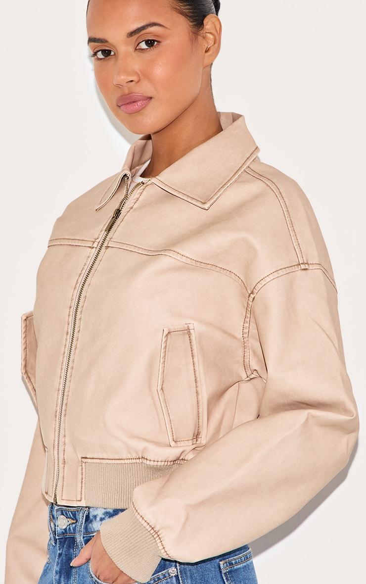 Cream Bleach Detail Faux Leather Cropped Bomber Product Image