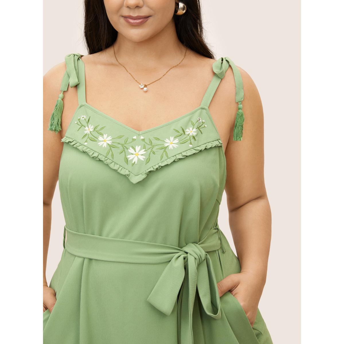 Plus Size Floral Embroidered Tassel Pleated Frill Trim Dress Mint Women Resort Belted Non Sleeveless Curvy Midi Dress BloomChic 12/L Product Image