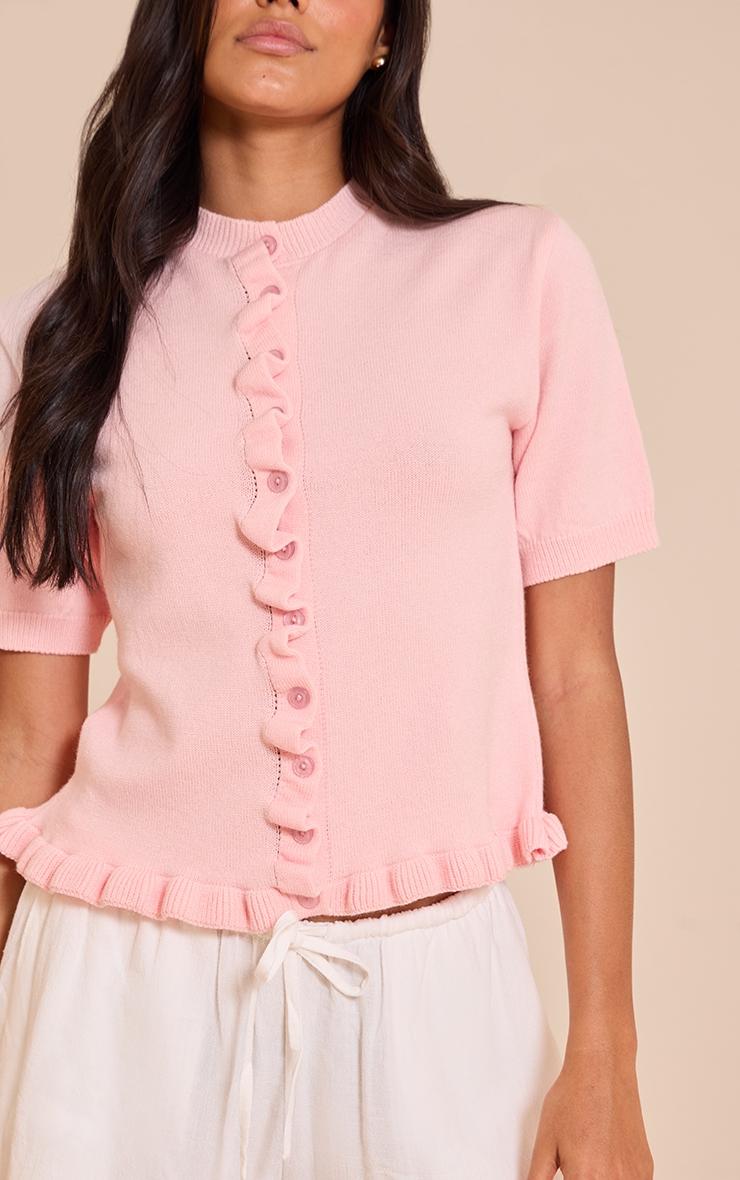  Pink Knit Ruffle Detail Short Sleeve Cardigan Product Image