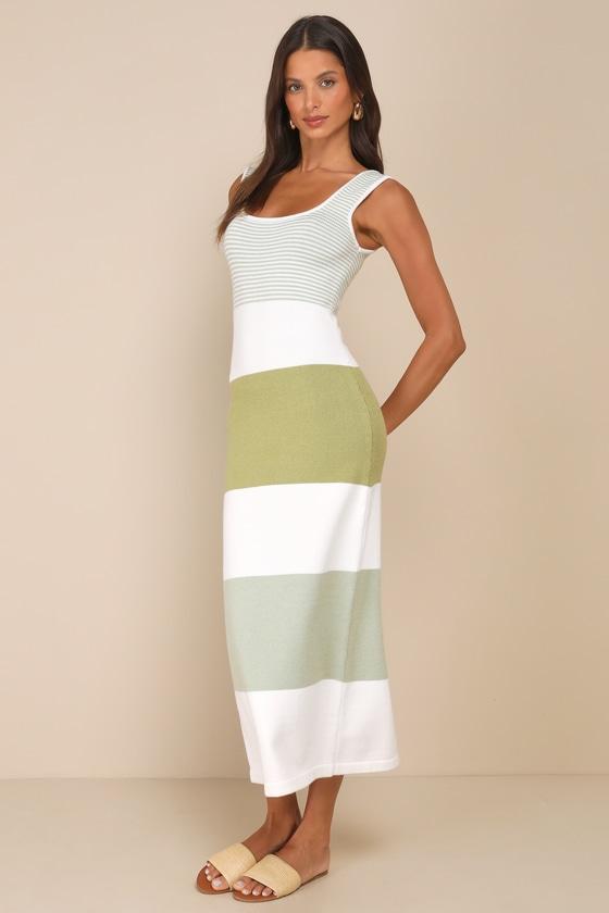 Easily Gorgeous Ivory and Sage Green Striped Midi Sweater Dress Product Image