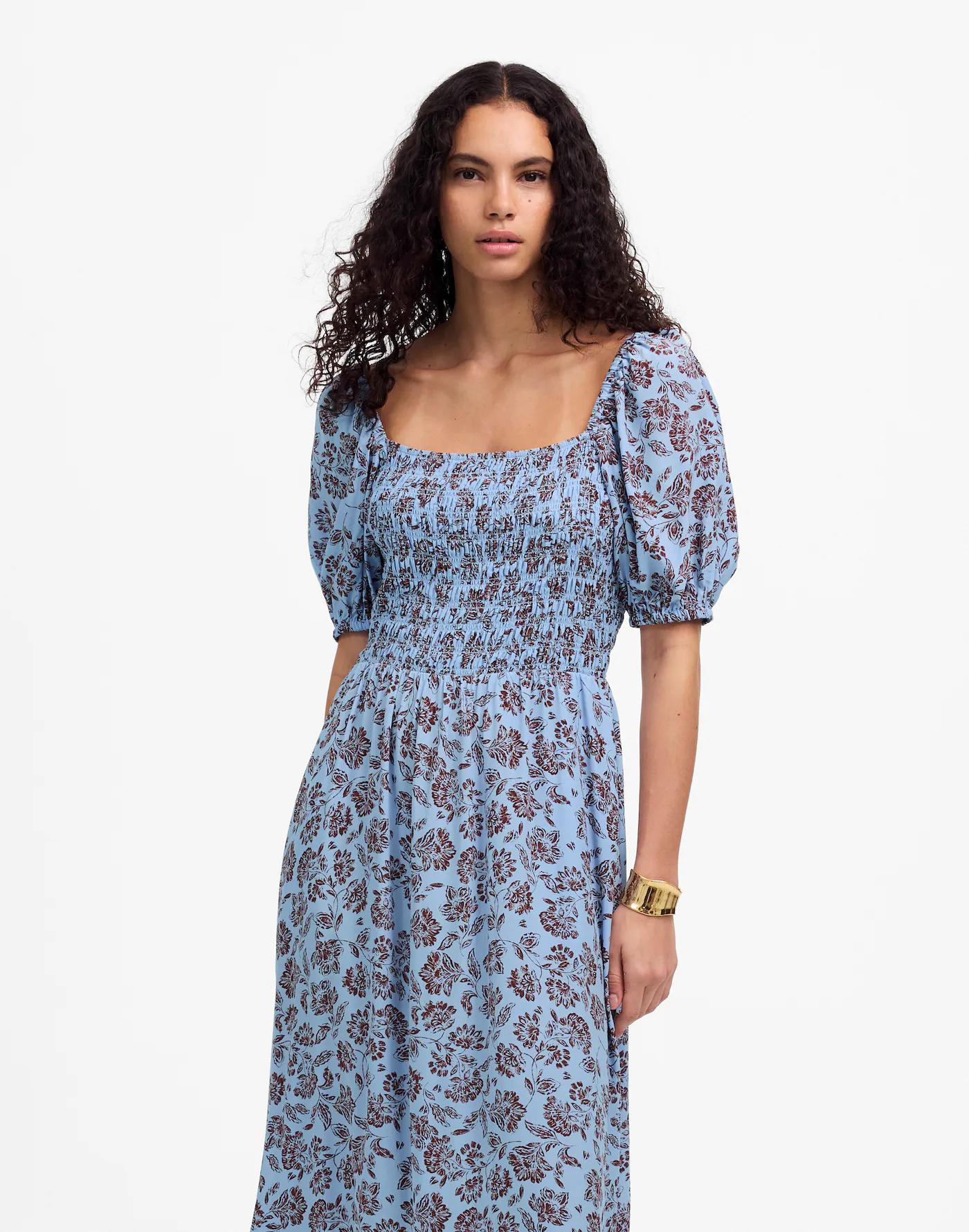 Smocked Puff-Sleeve Dress in Floral Product Image