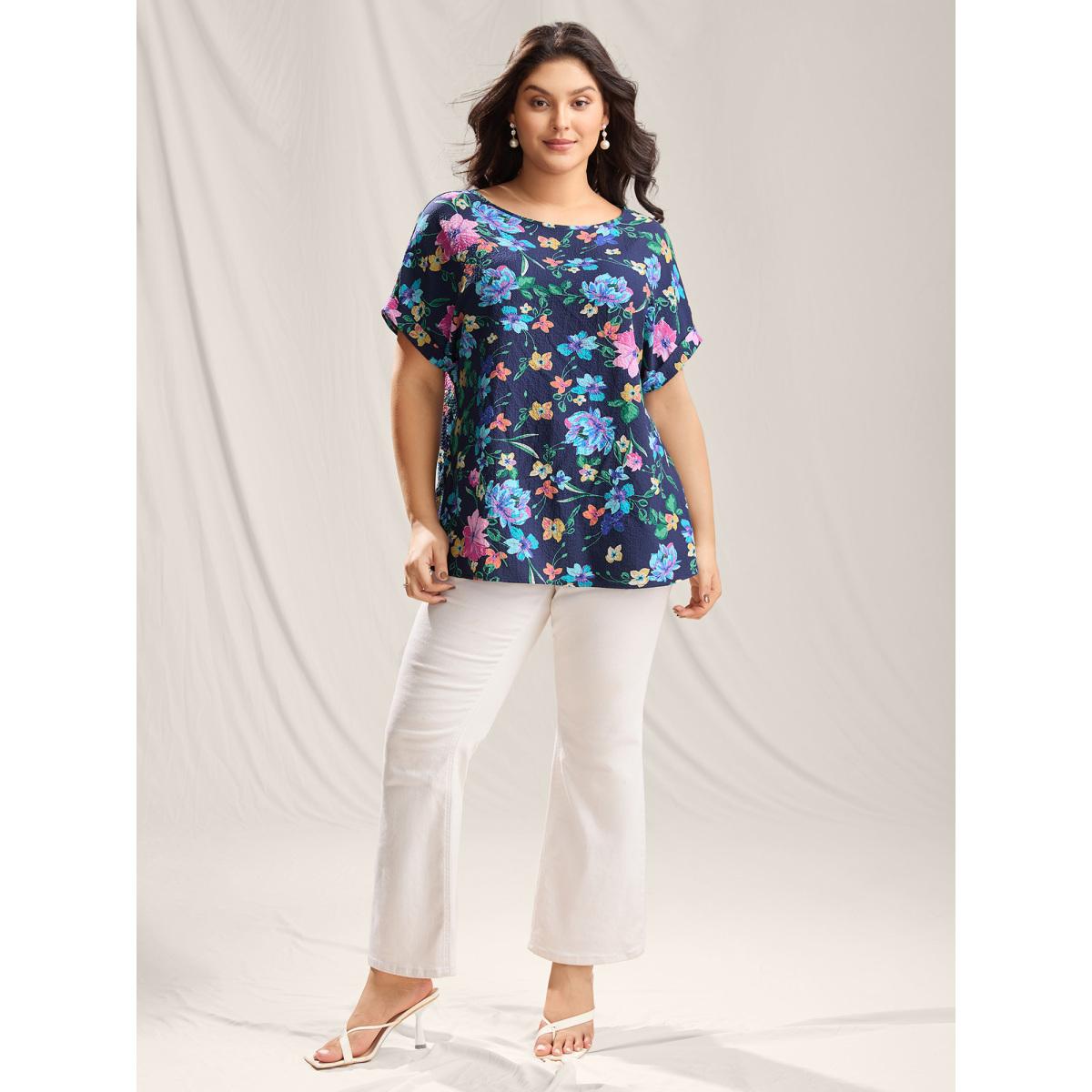 Plus Size Indigo Floral Affair Print Wrinkled Fabric Blouse Women Playful Short sleeve Round Neck Casual Blouses BloomChic 22-24/3X Product Image