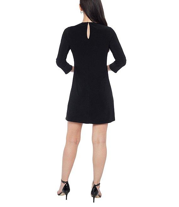 Marina Crew Neck Rhinestone Detail 3/4 Sleeve Shift Dress Product Image