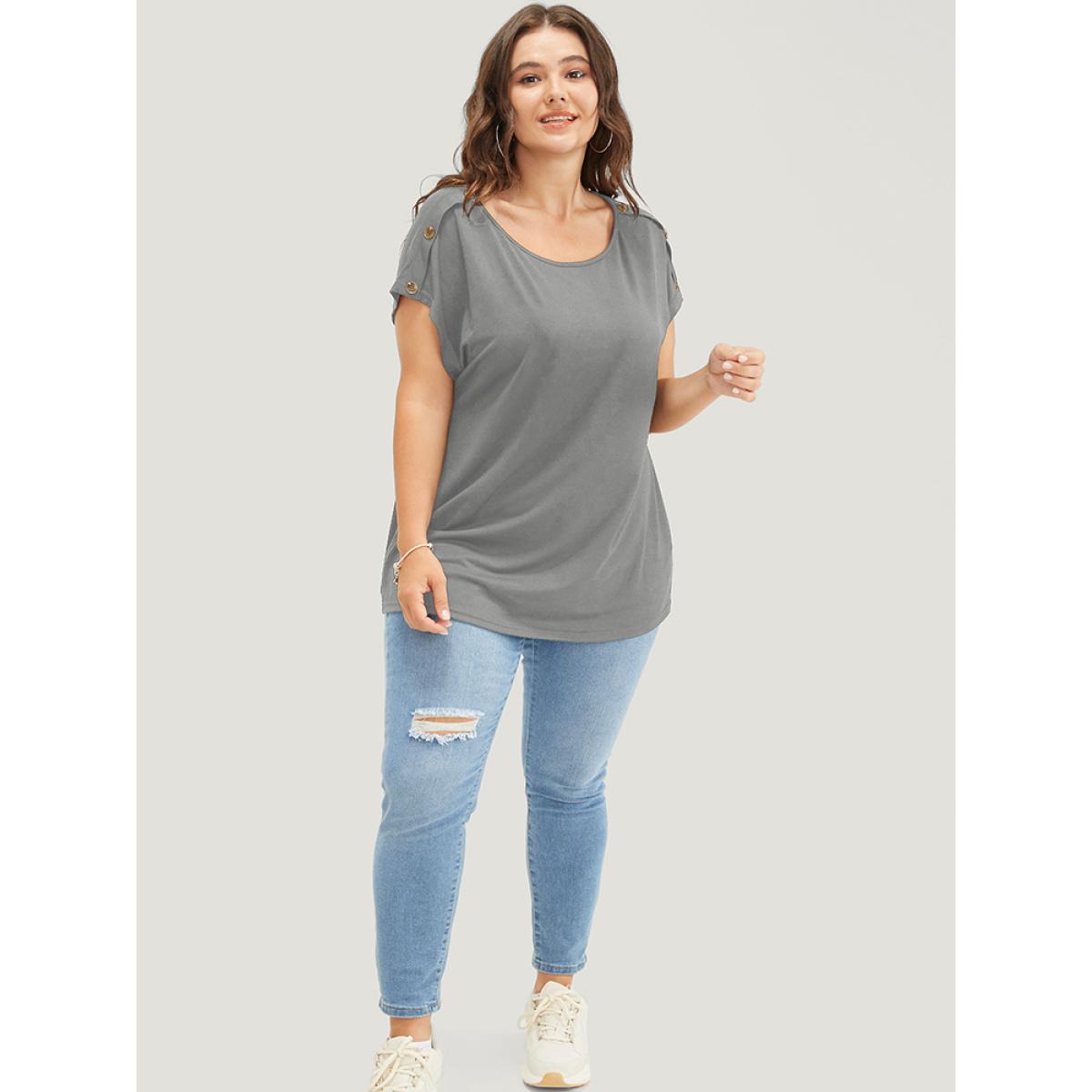 Plus Size Solid Button Detail Round Neck Batwing Sleeve T-shirt DarkGray Women Casual Plain Round Neck Dailywear T-shirts BloomChic 18-20/2X Product Image