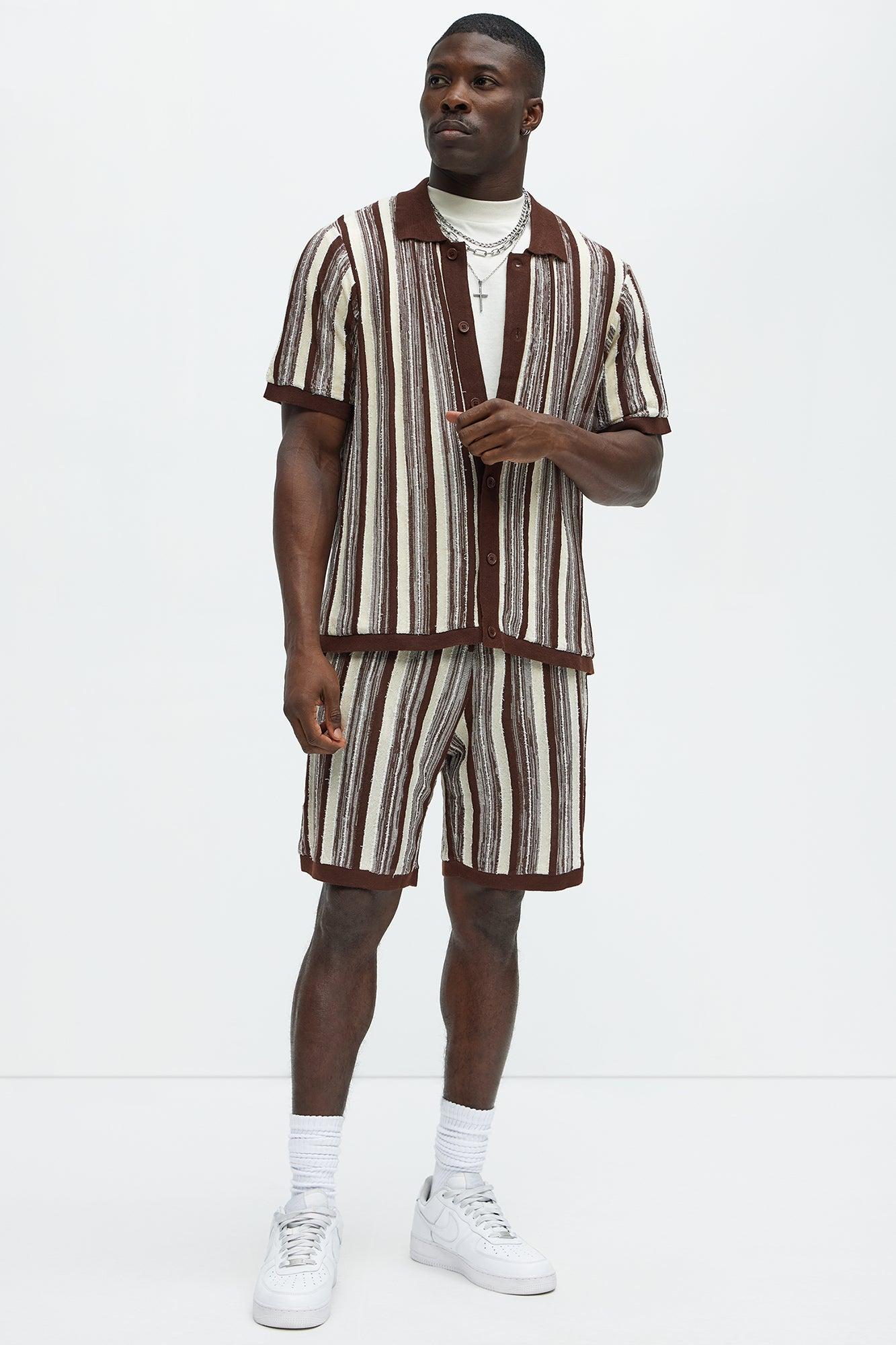 Textured Stripes Knitted Shorts - Brown/combo Product Image