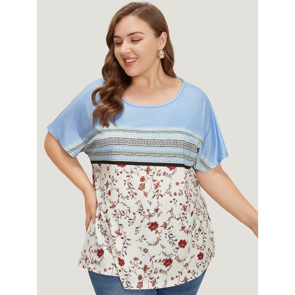Plus Size Floral & Striped Batwing Sleeve Contrast T-shirt LightBlue Women Elegant Contrast Striped Round Neck Dailywear T-shirts BloomChic 30/6X Product Image