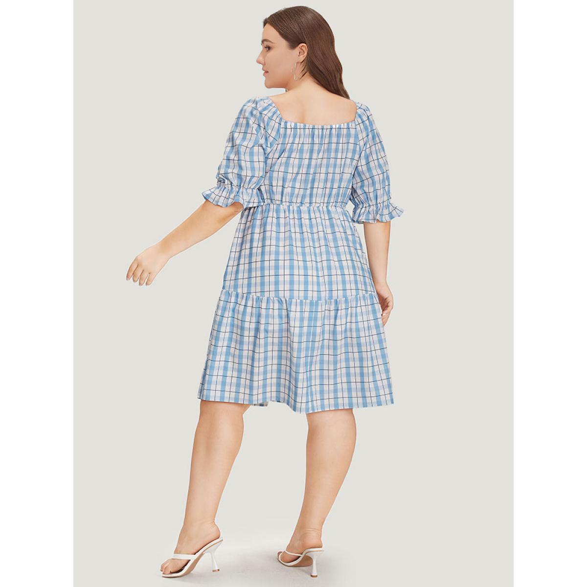 Plus Size Twist Front Square Neck Ruffle Layered Hem Bell Sleeve Dress LightBlue Women Elegant Square Neck Short sleeve Curvy Knee Dress BloomChic 18-20/2X Product Image