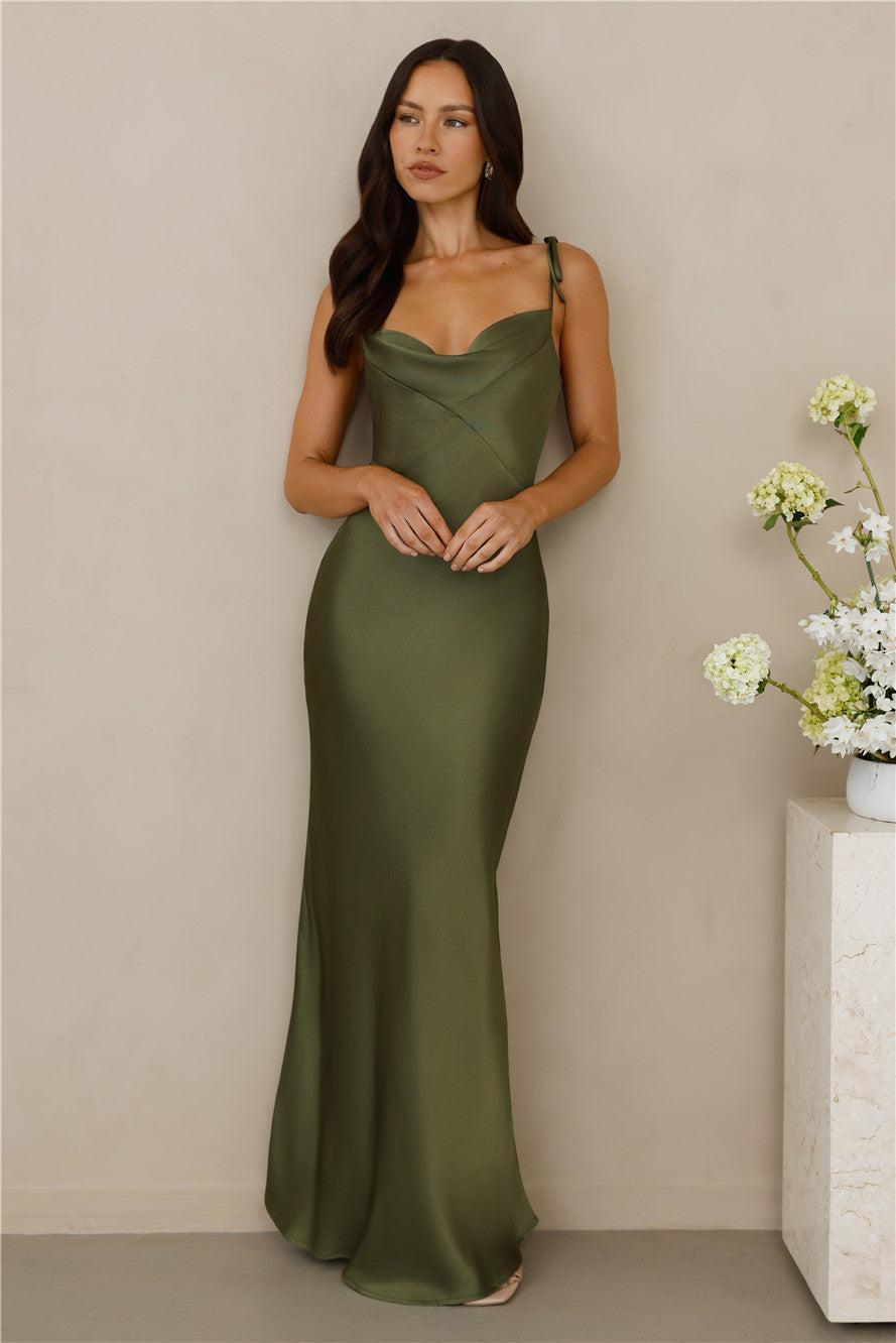 The Penelope Cowl Satin Maxi Dress Olive Product Image