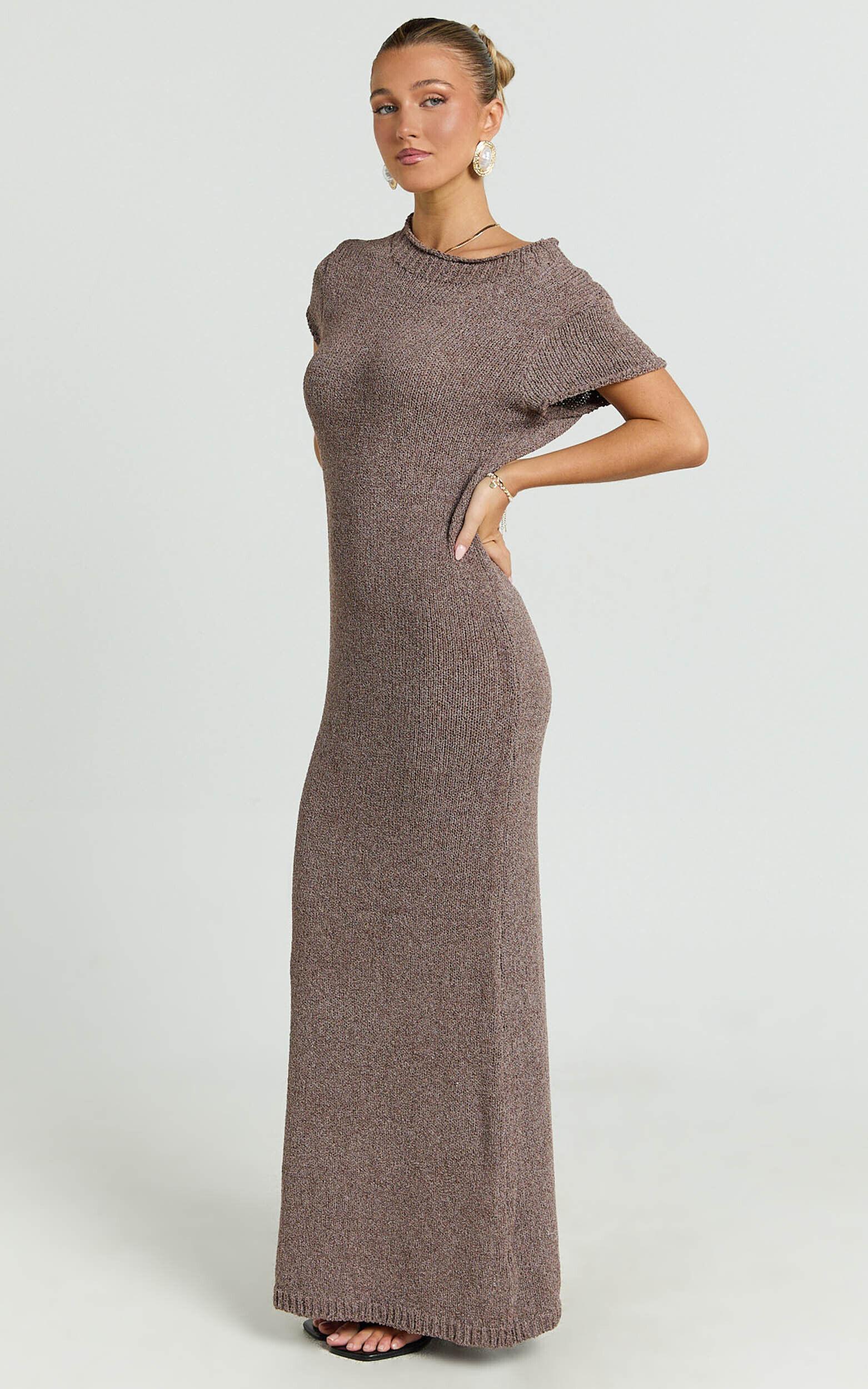 Amber Maxi Dress - Knitted T-Shirt Dress in Brown Product Image