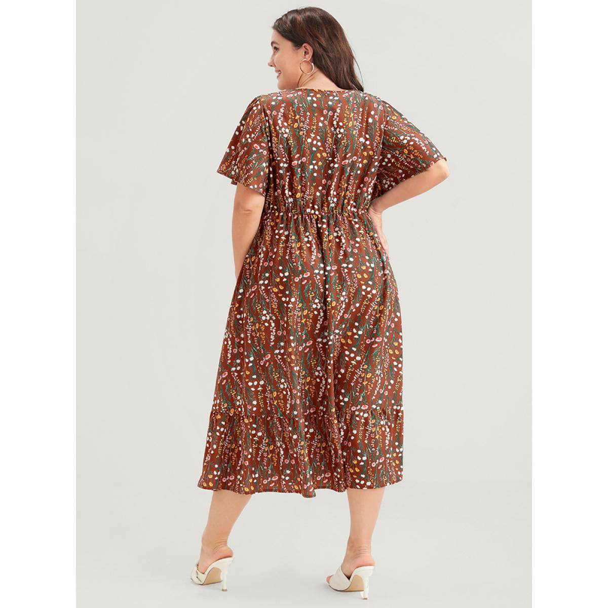 Plus Size Ditsy Floral Elastic Waist Button Ruffle Pocket Wrap Midi Dress Chocolate Women Elegant Pocket V-neck Short sleeve Curvy Long Dress BloomChic 10/M Product Image