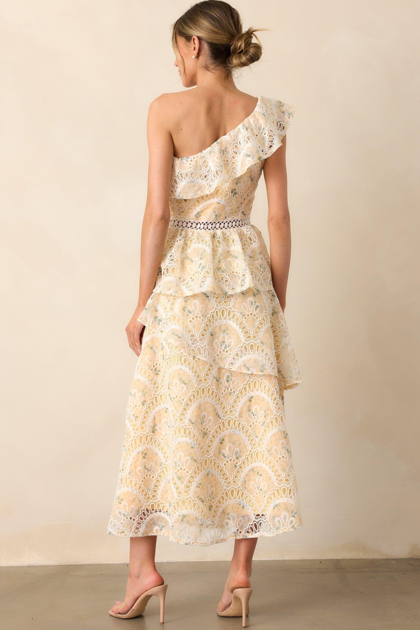 Vineyard Stroll Yellow Floral Embroidered One Shoulder Maxi Dress Product Image